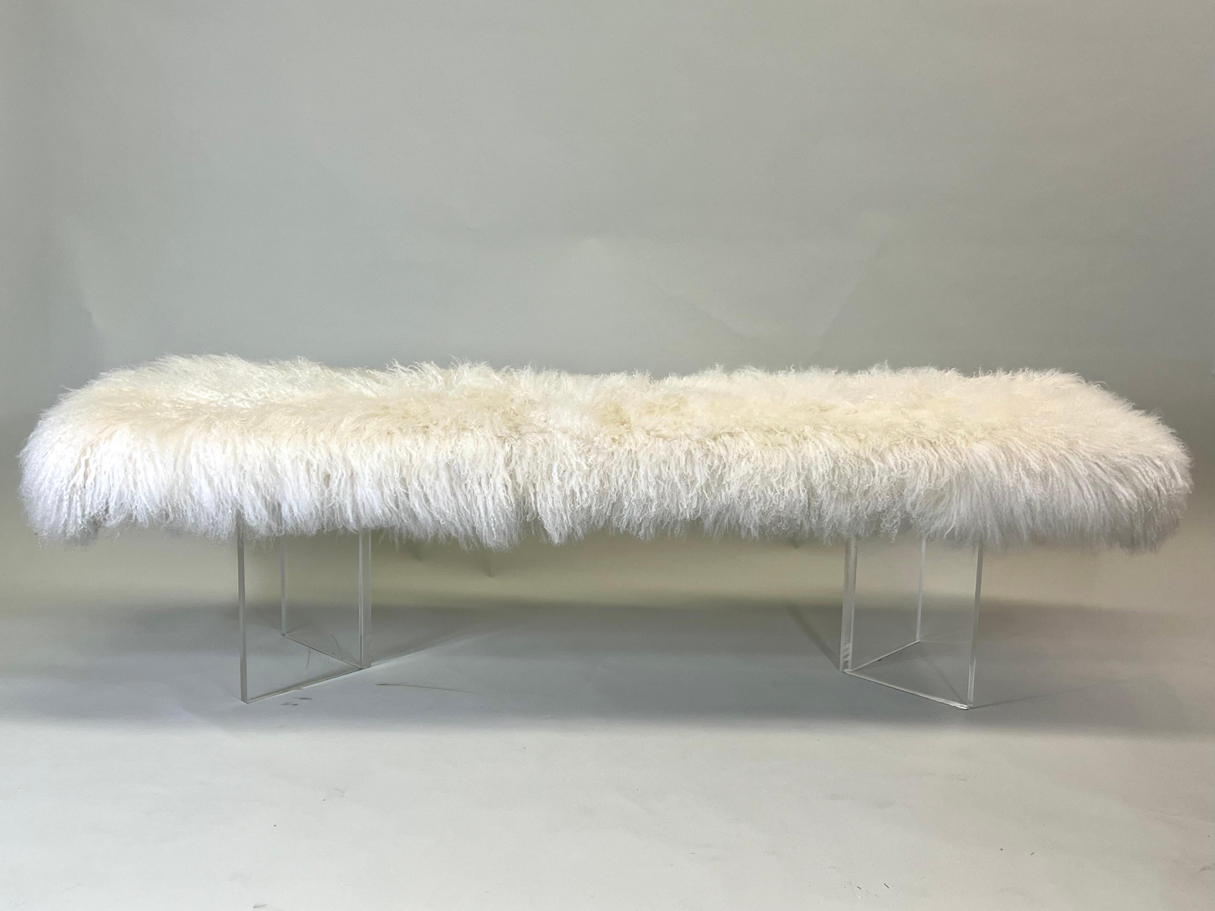 A Large, Elegant and Dramatic Italian Mid-Century Modern Bench Attributed to Marzio Cecchi circa 1970. This Italian bench has a light, ethereal presence due to to its lucite base which allows the bench to appear as if it is floating. The base is