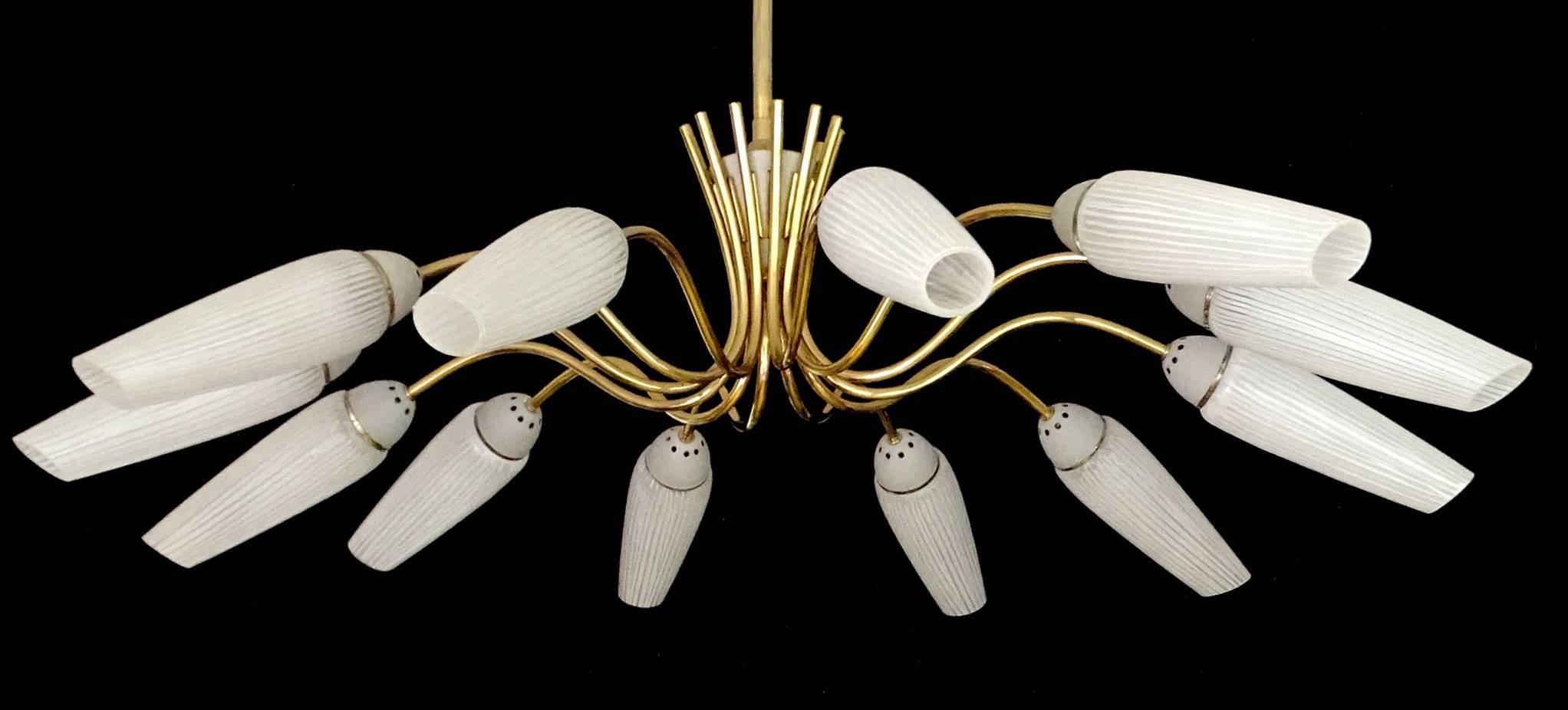 Large 12 Light Brass Glass Sputnik Chandelier,  Stilnovo Gio Ponti Era  For Sale 5