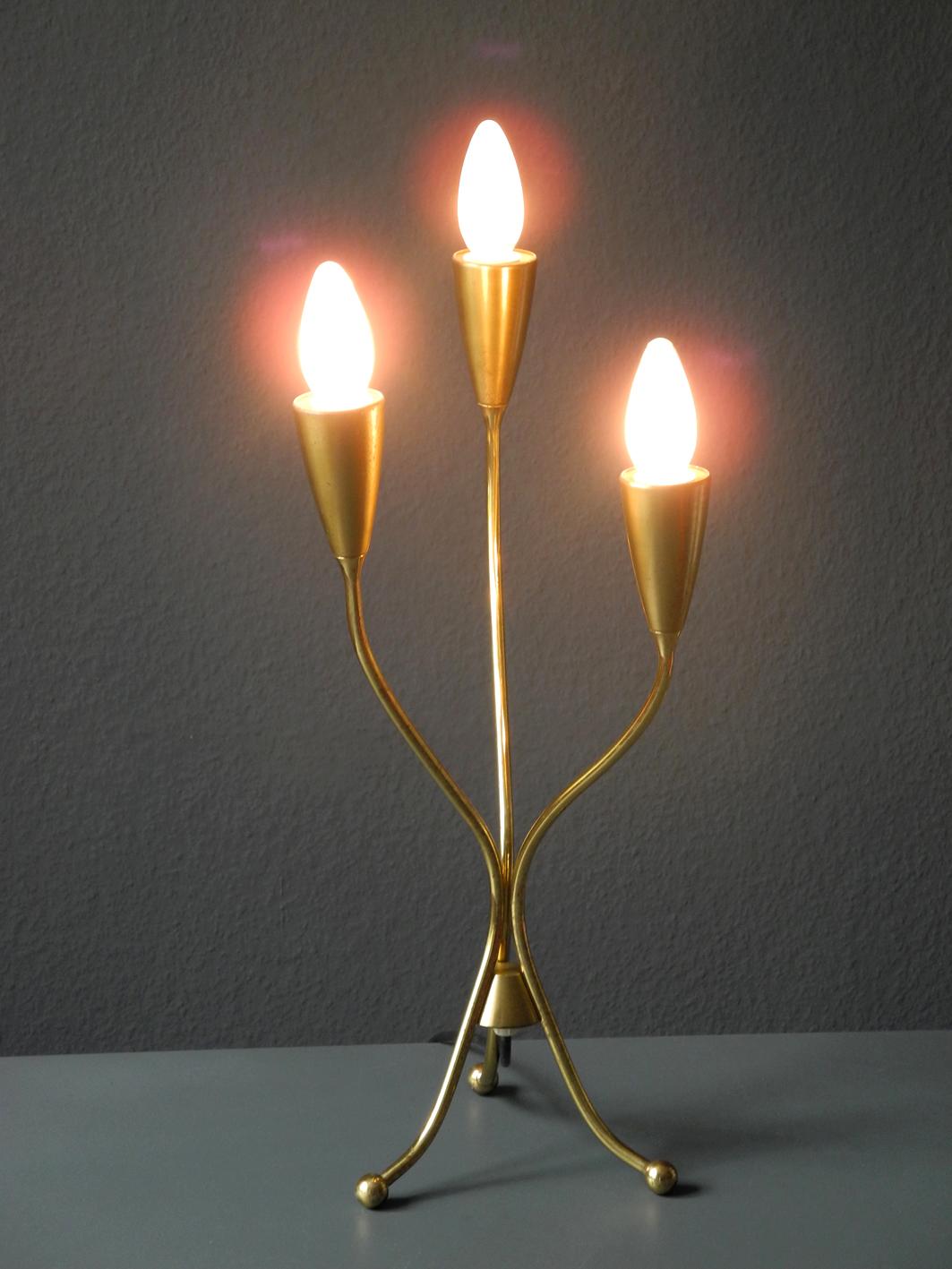 German Large Italian Mid-Century Modernist Brass Tripod Cone Table Lamp with Three Arms