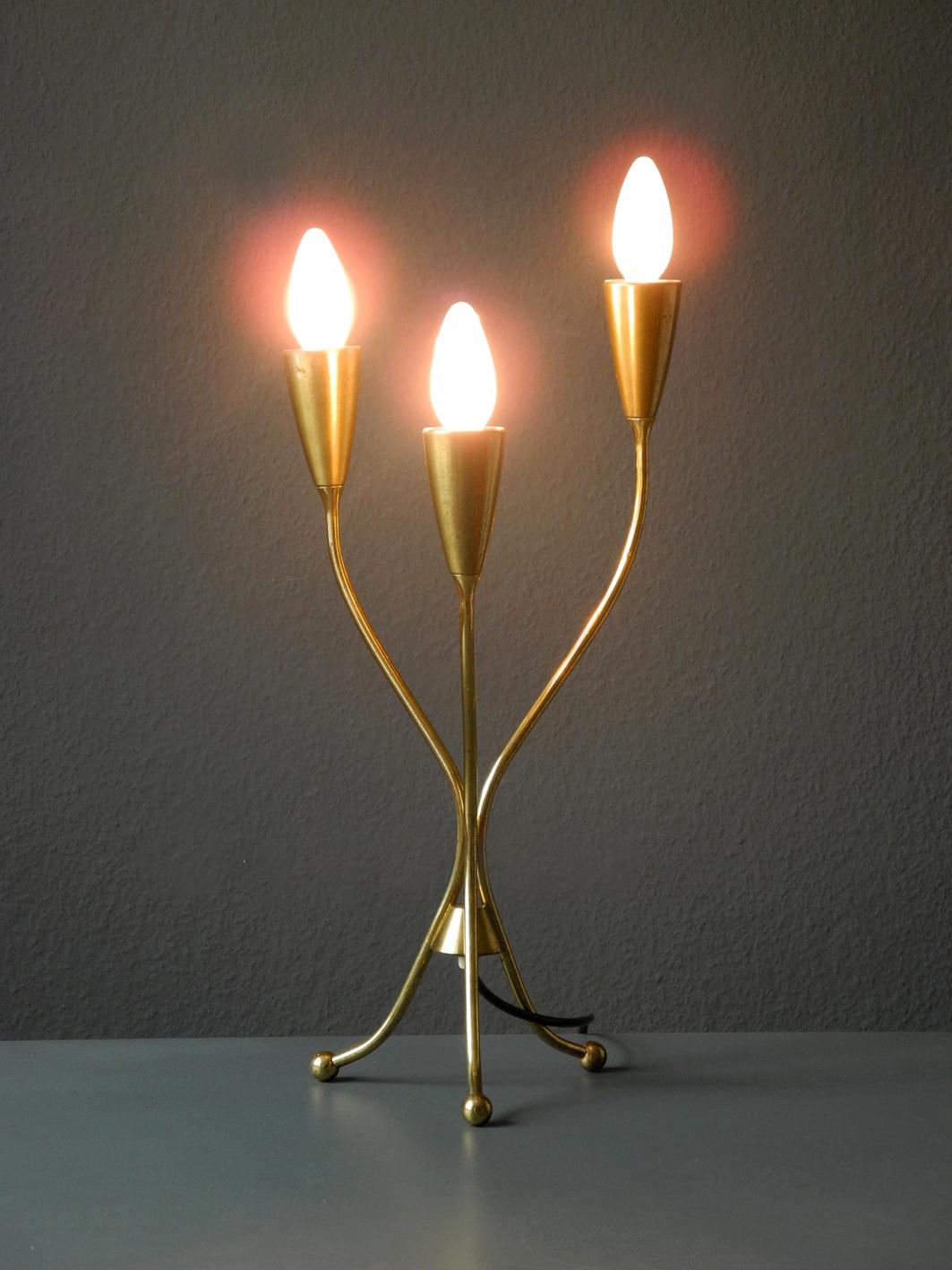 Large Italian Mid-Century Modernist Brass Tripod Cone Table Lamp with Three Arms 1