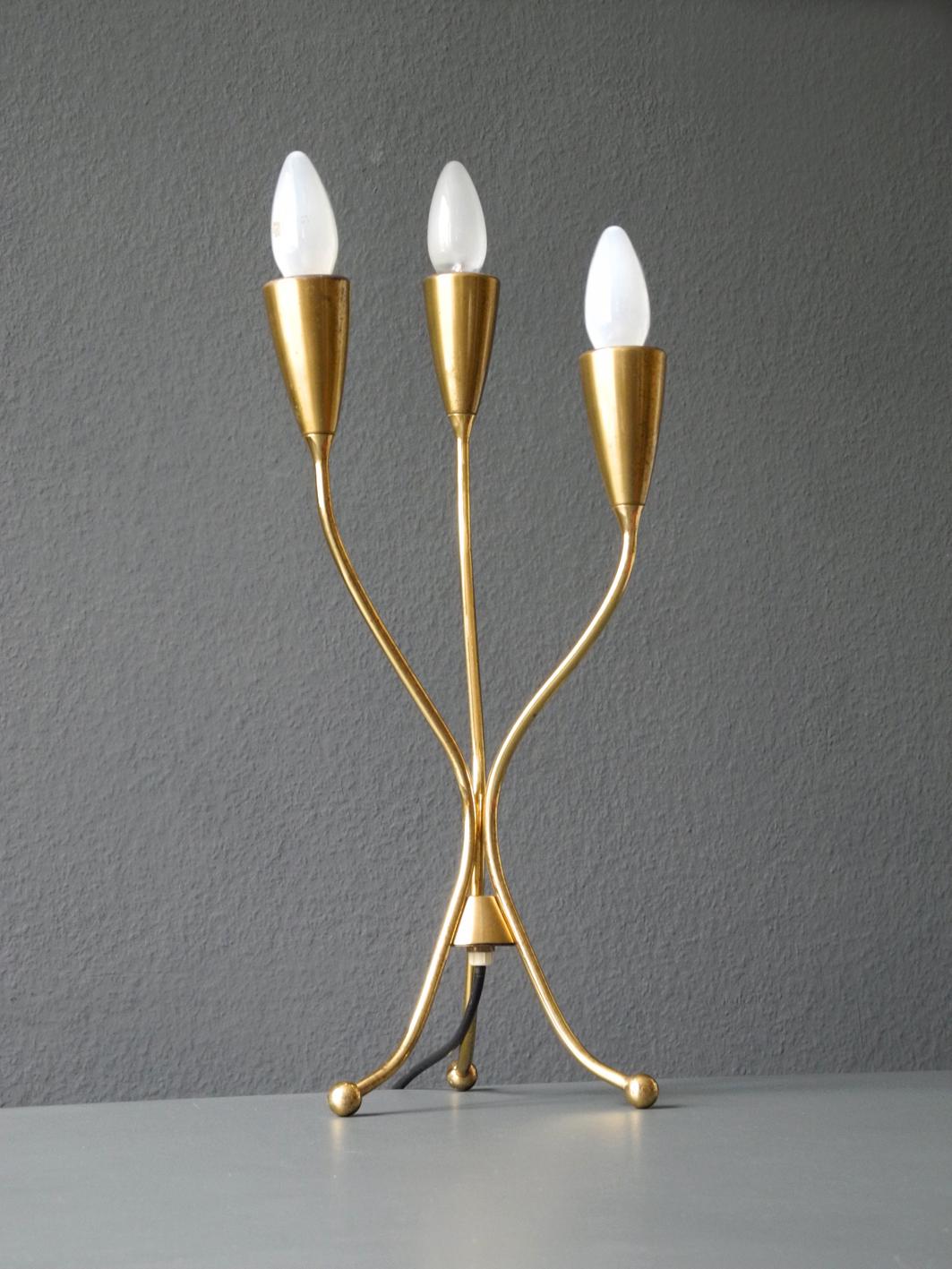 Large Italian Mid-Century Modernist Brass Tripod Cone Table Lamp with Three Arms 2