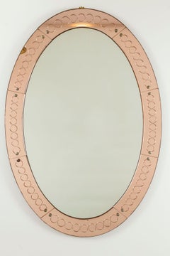 Large Italian Mid Century Oval Etched Mirror By Cristale Arte