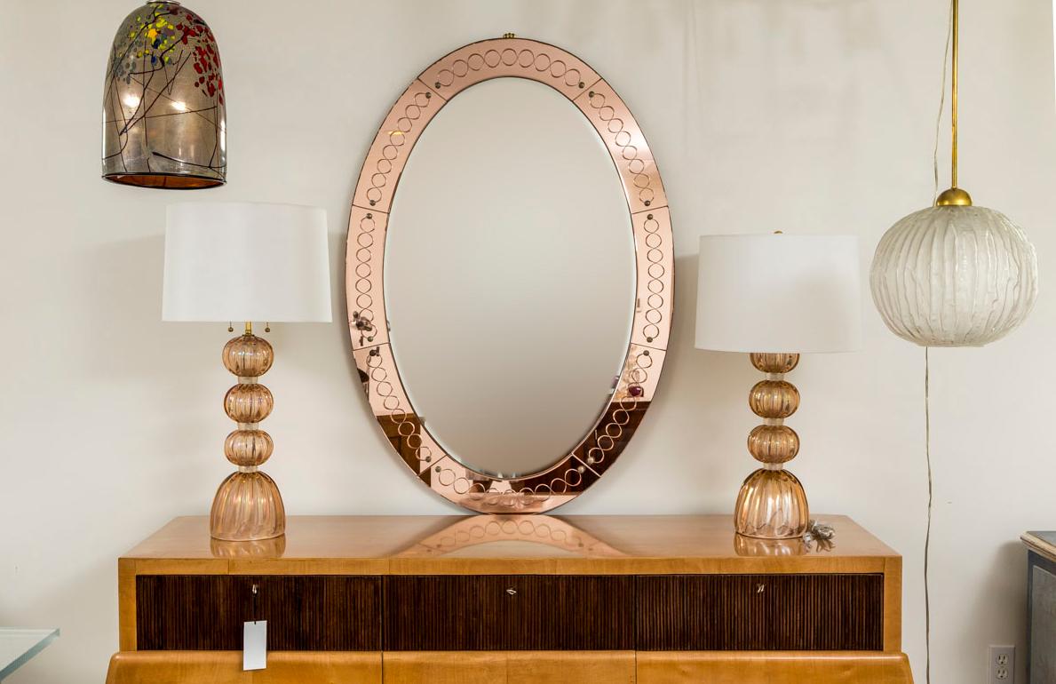 Grand miroir italien ovale gravé du milieu du siècle dernier par Cristale Arte en vente 4