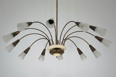 Large Italian Mid-Century Sputnik Brass Chandelier with Satin Glass, 1950s