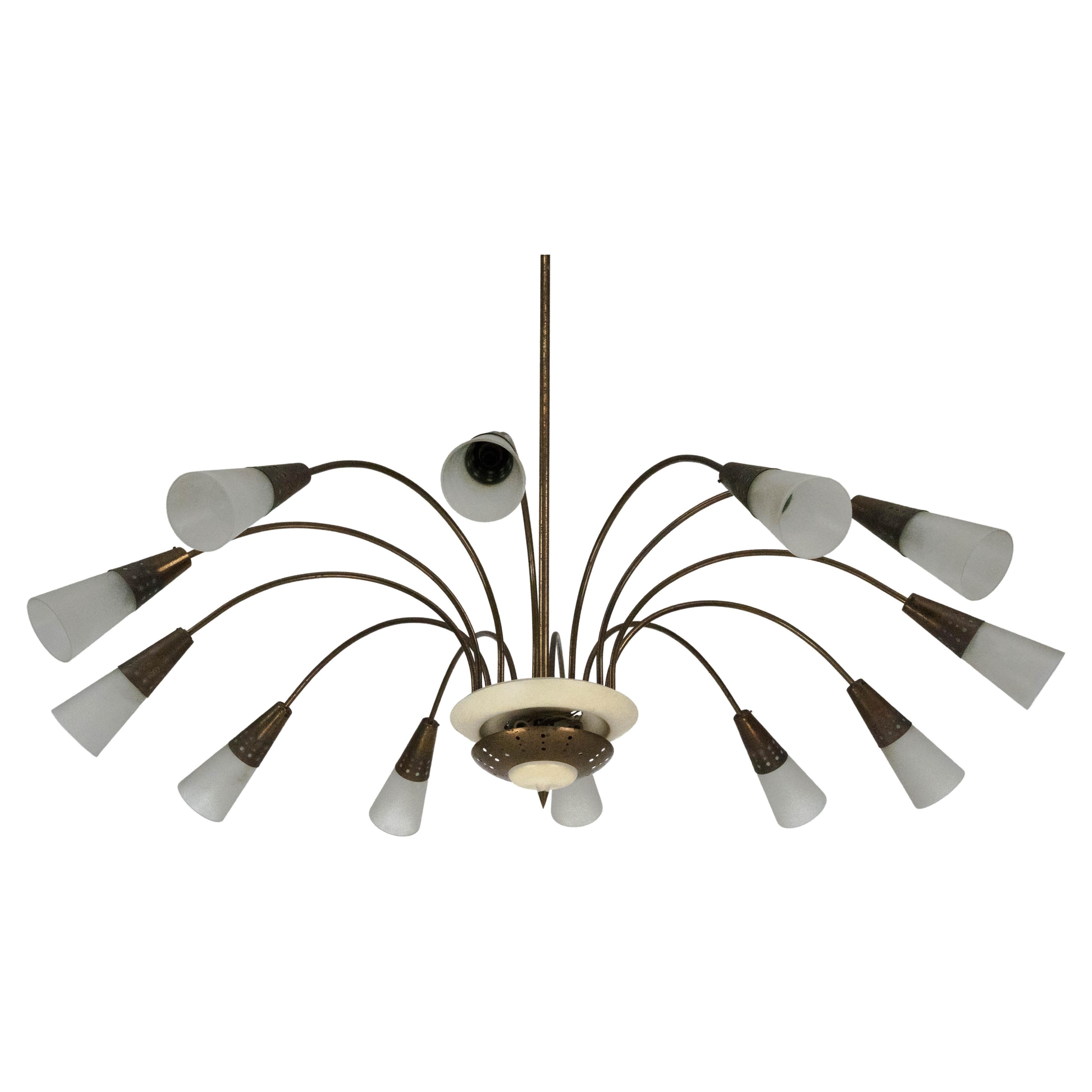 Large Italian Mid-Century Sputnik Brass Chandelier with Satin Glass, 1950s
