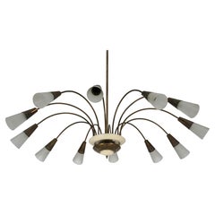 Large Italian Mid-Century Sputnik Brass Chandelier with Satin Glass, 1950s