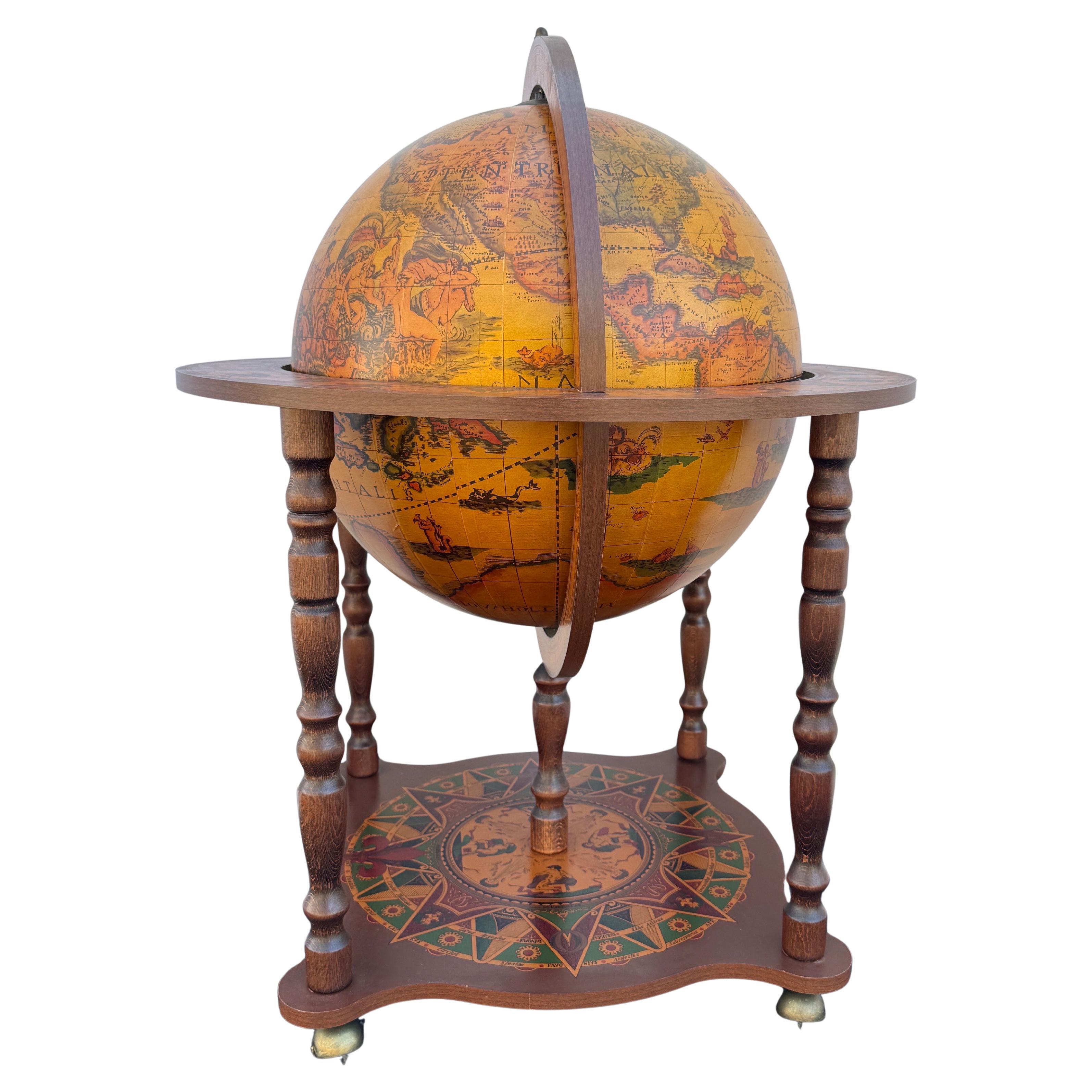 Large Italian Mid-Century Wood Globe Zodiac Bar Cart