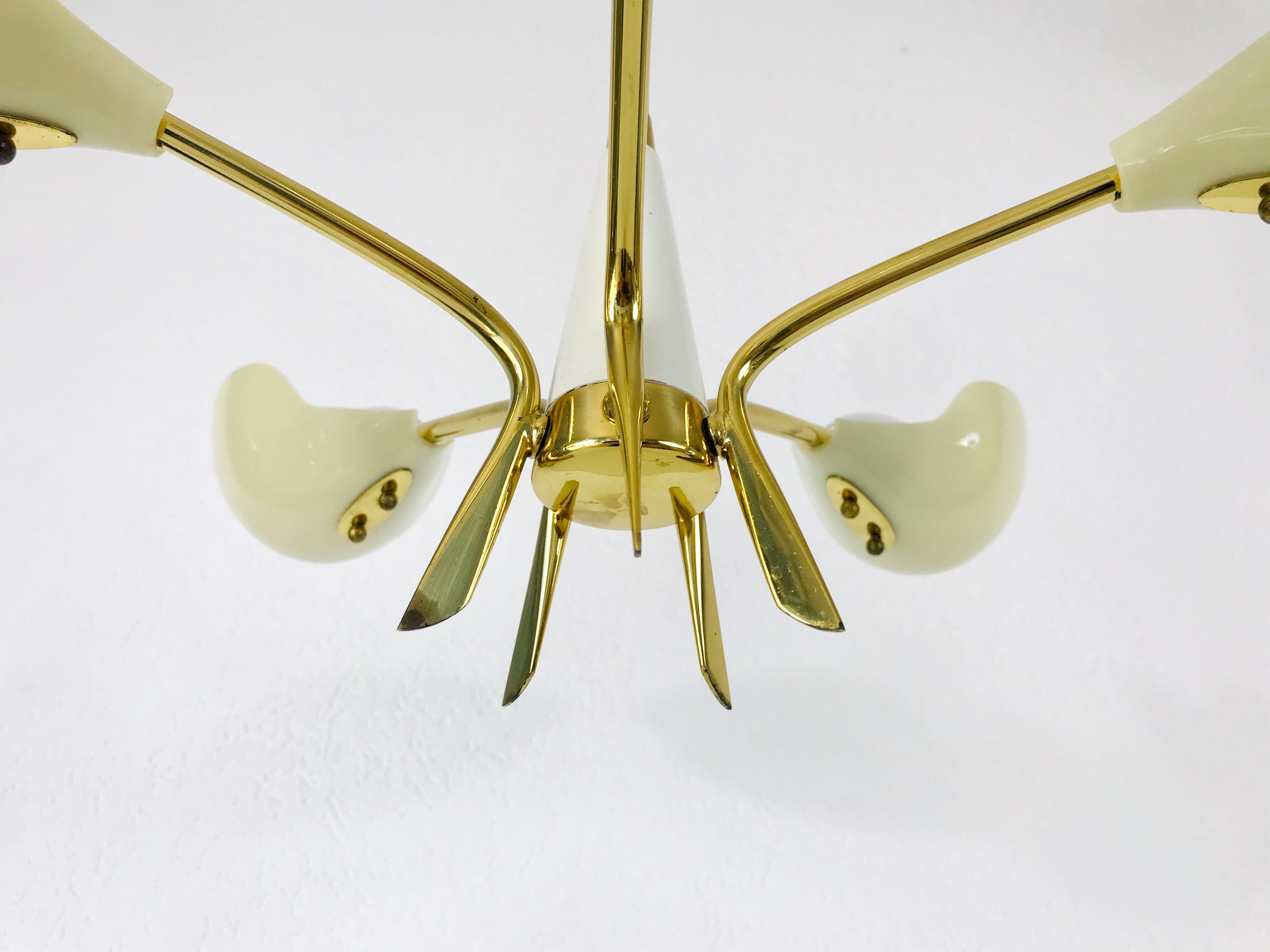 Mid-20th Century Large Italian Midcentury Brass 5-Arm Sputnik Chandelier, 1950s