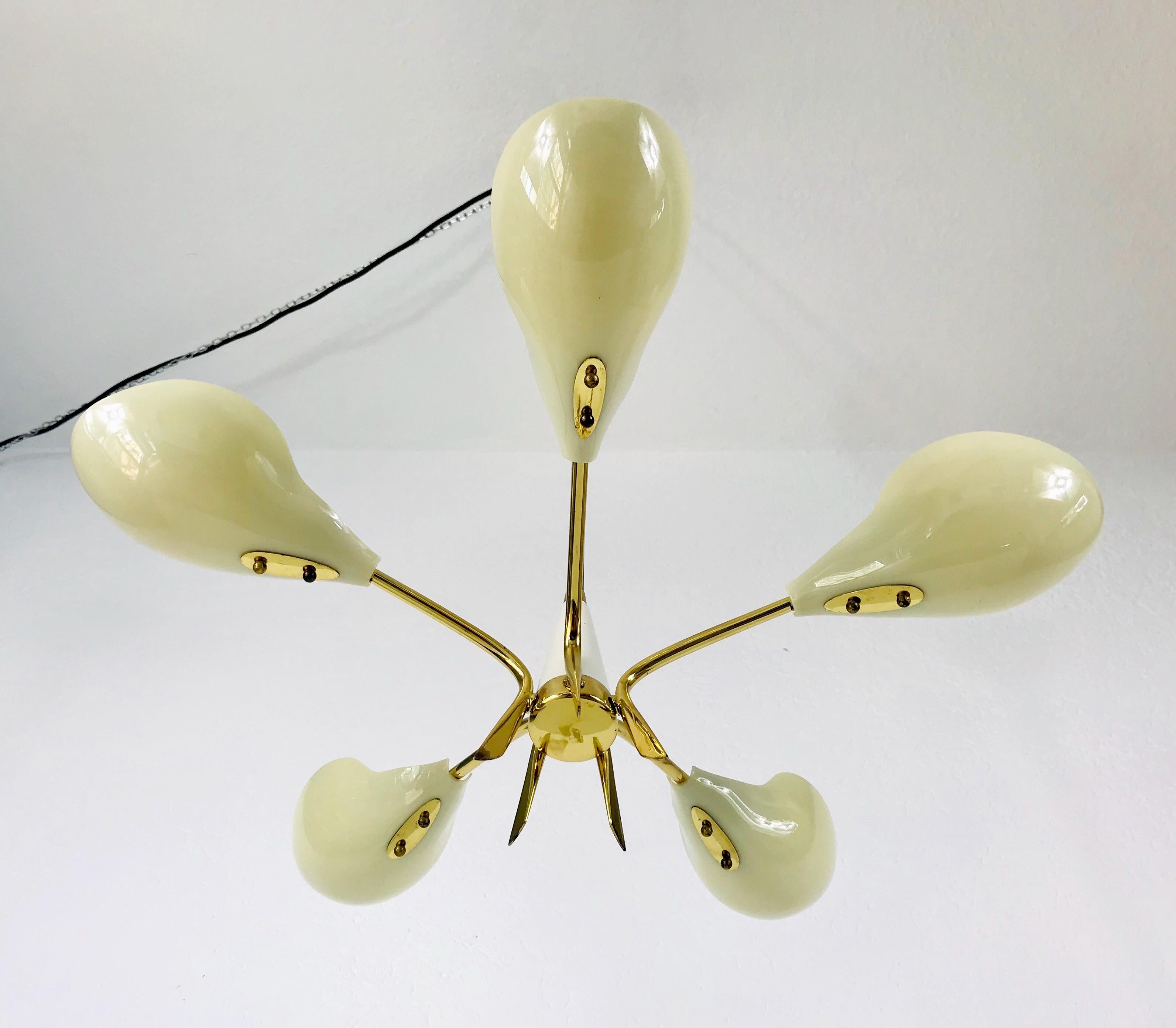 Metal Large Italian Midcentury Brass 5-Arm Sputnik Chandelier, 1950s