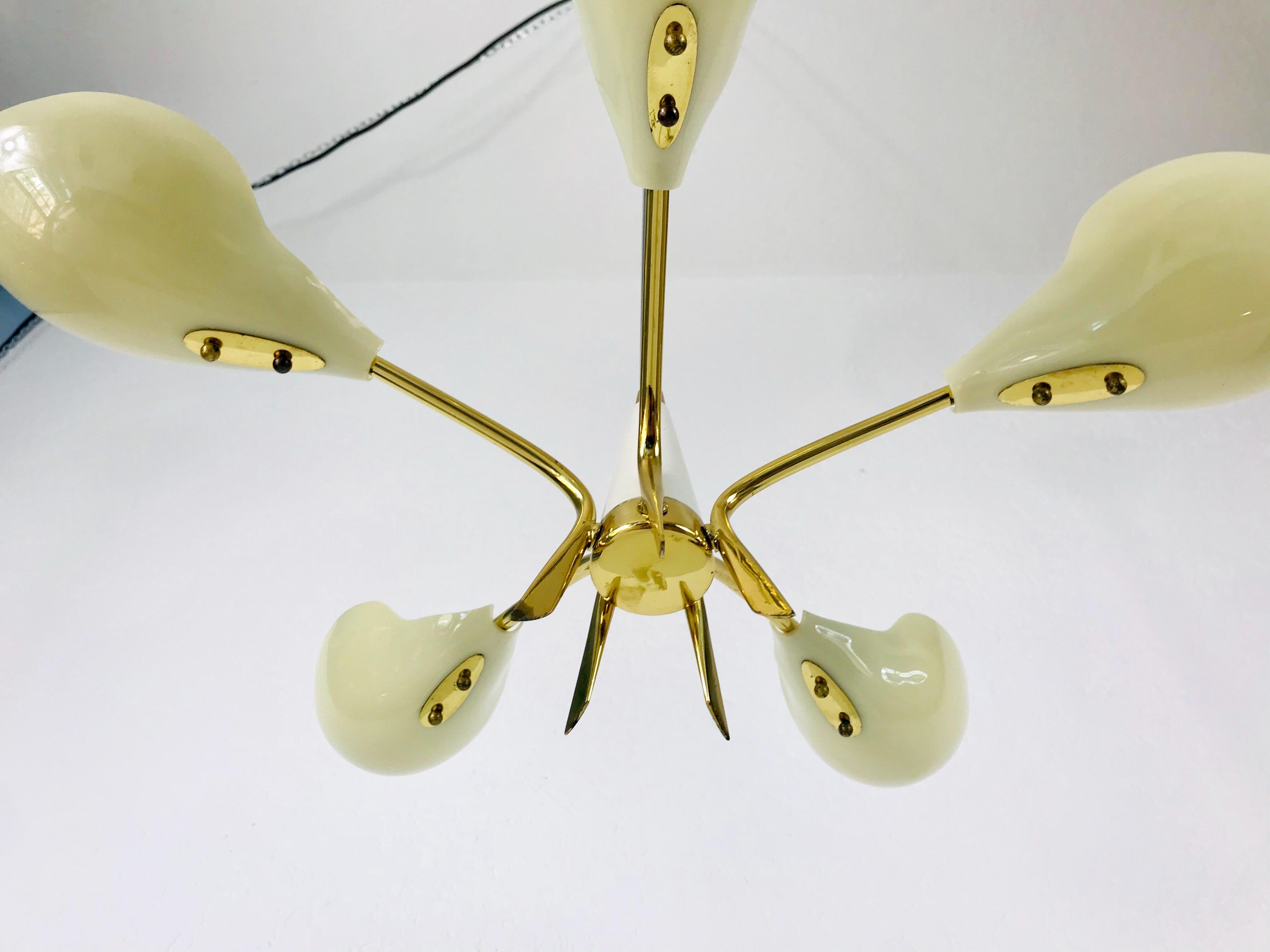 Large Italian Midcentury Brass 5-Arm Sputnik Chandelier, 1950s 1