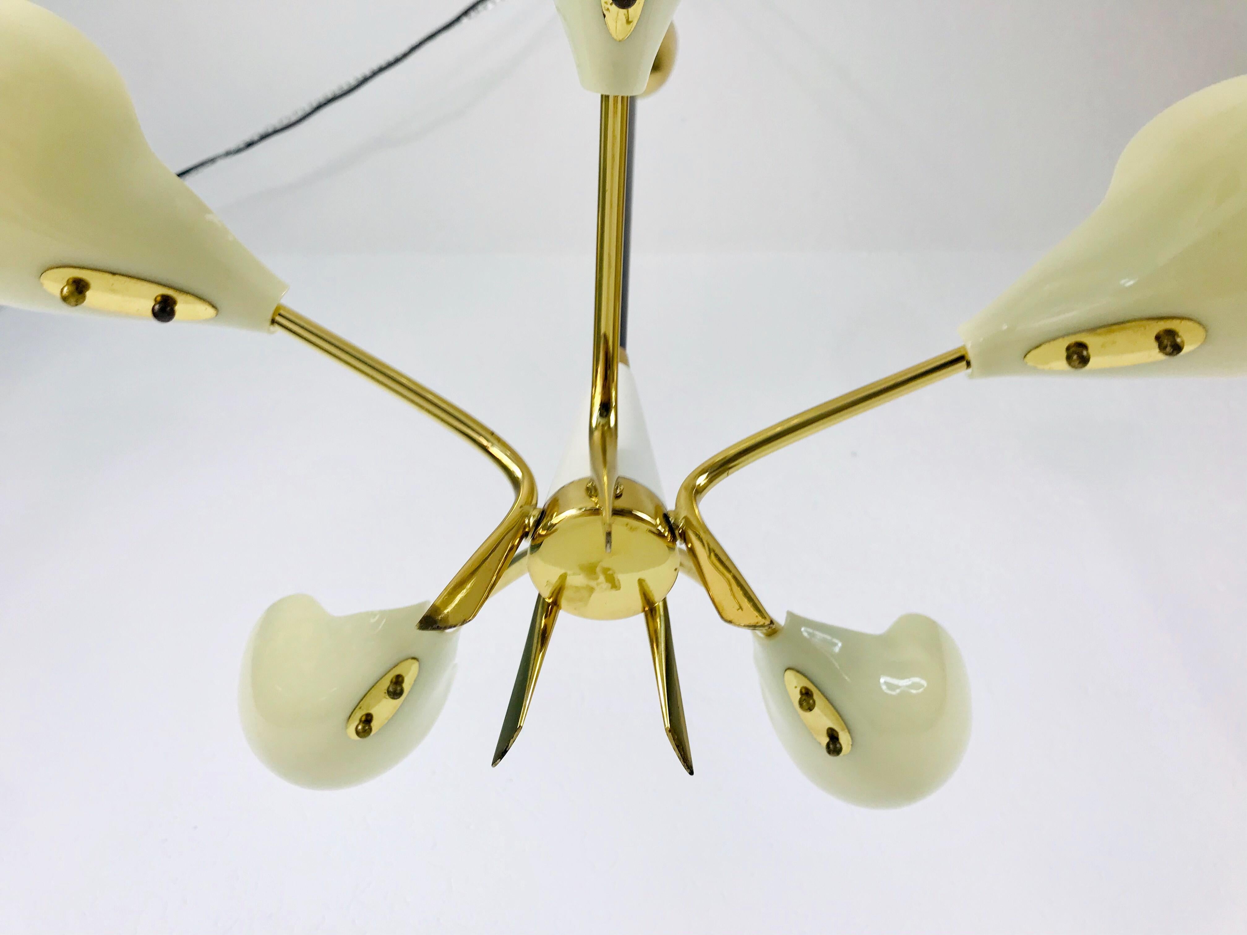 Large Italian Midcentury Brass 5-Arm Sputnik Chandelier, 1950s 3