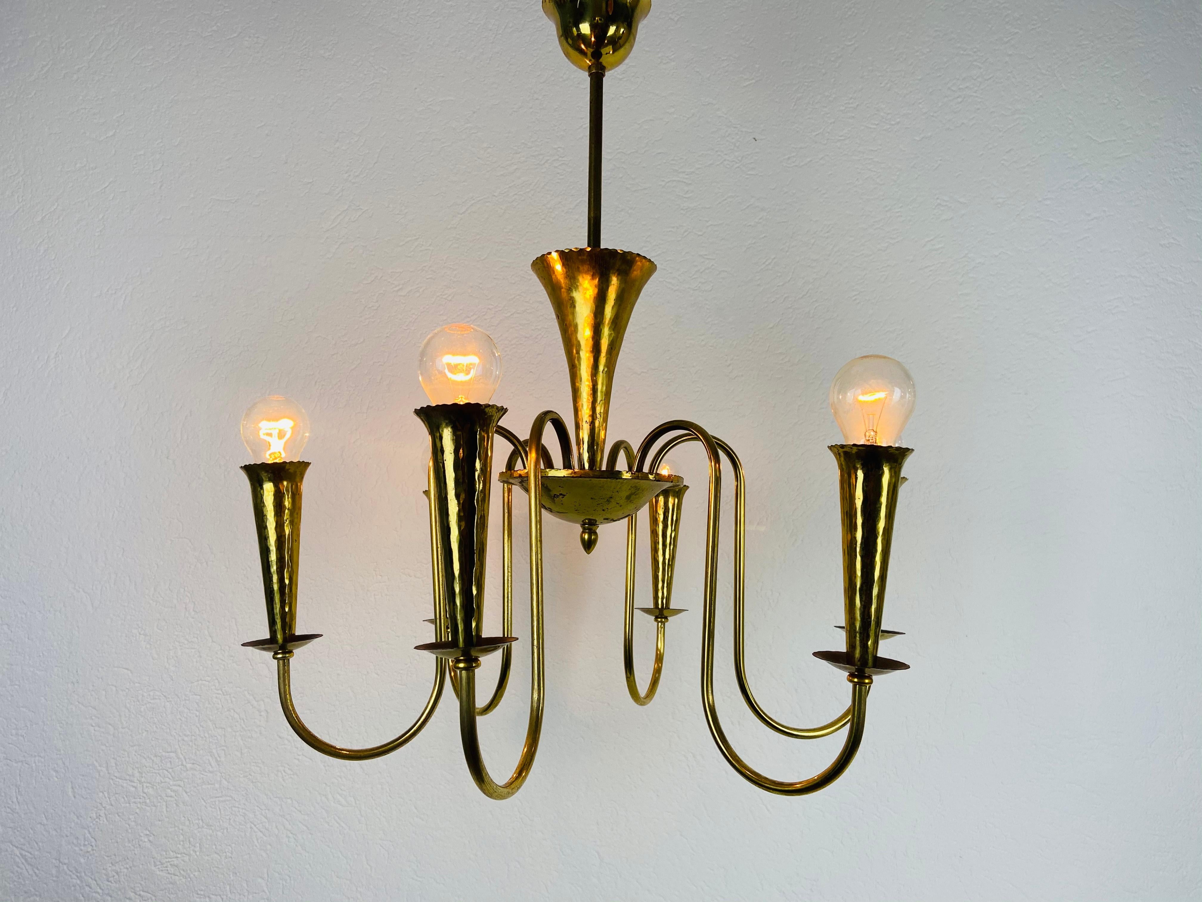 Large Italian Midcentury Brass 6-Arm Sputnik Chandelier, 1950s 5