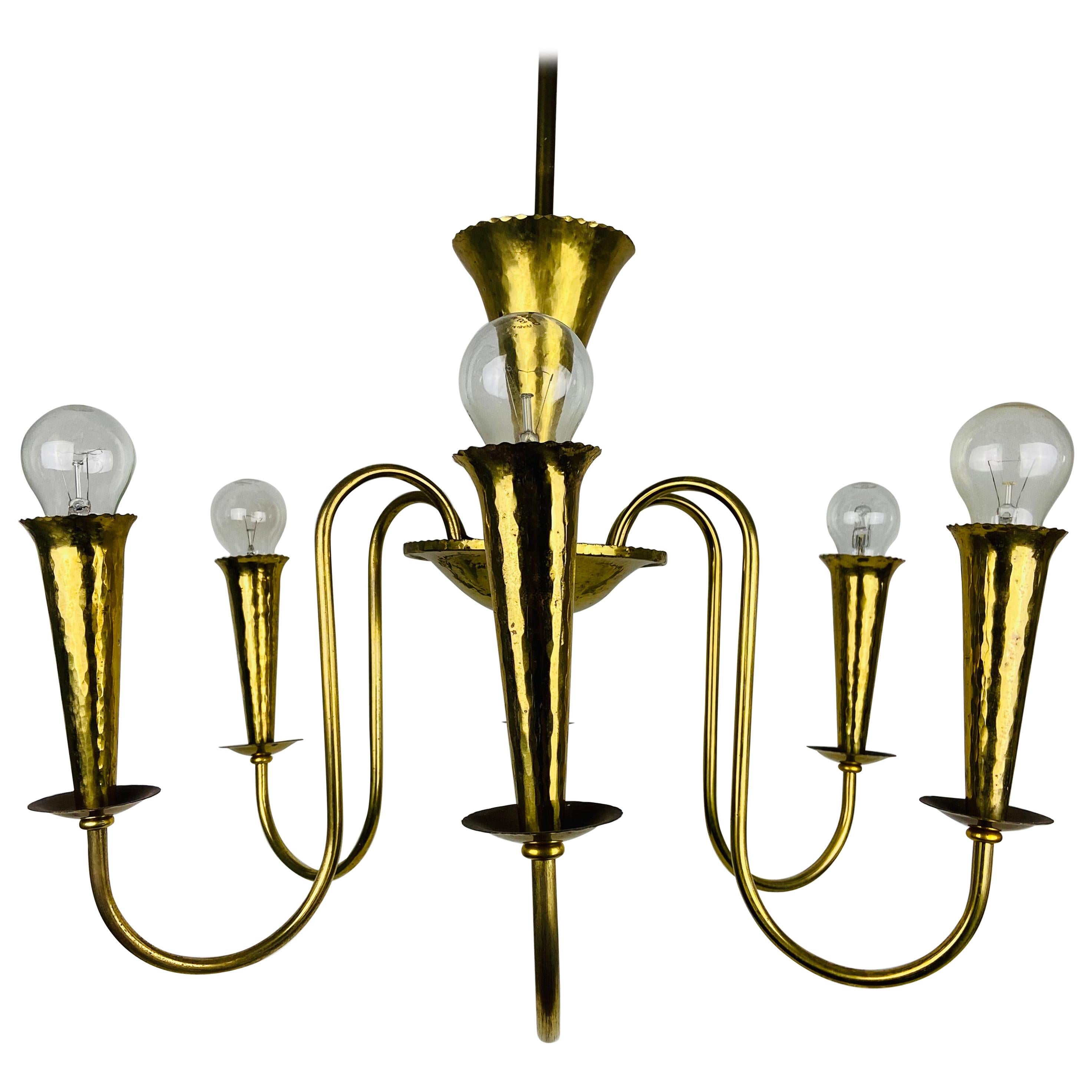 Large Italian Midcentury Brass 6-Arm Sputnik Chandelier, 1950s