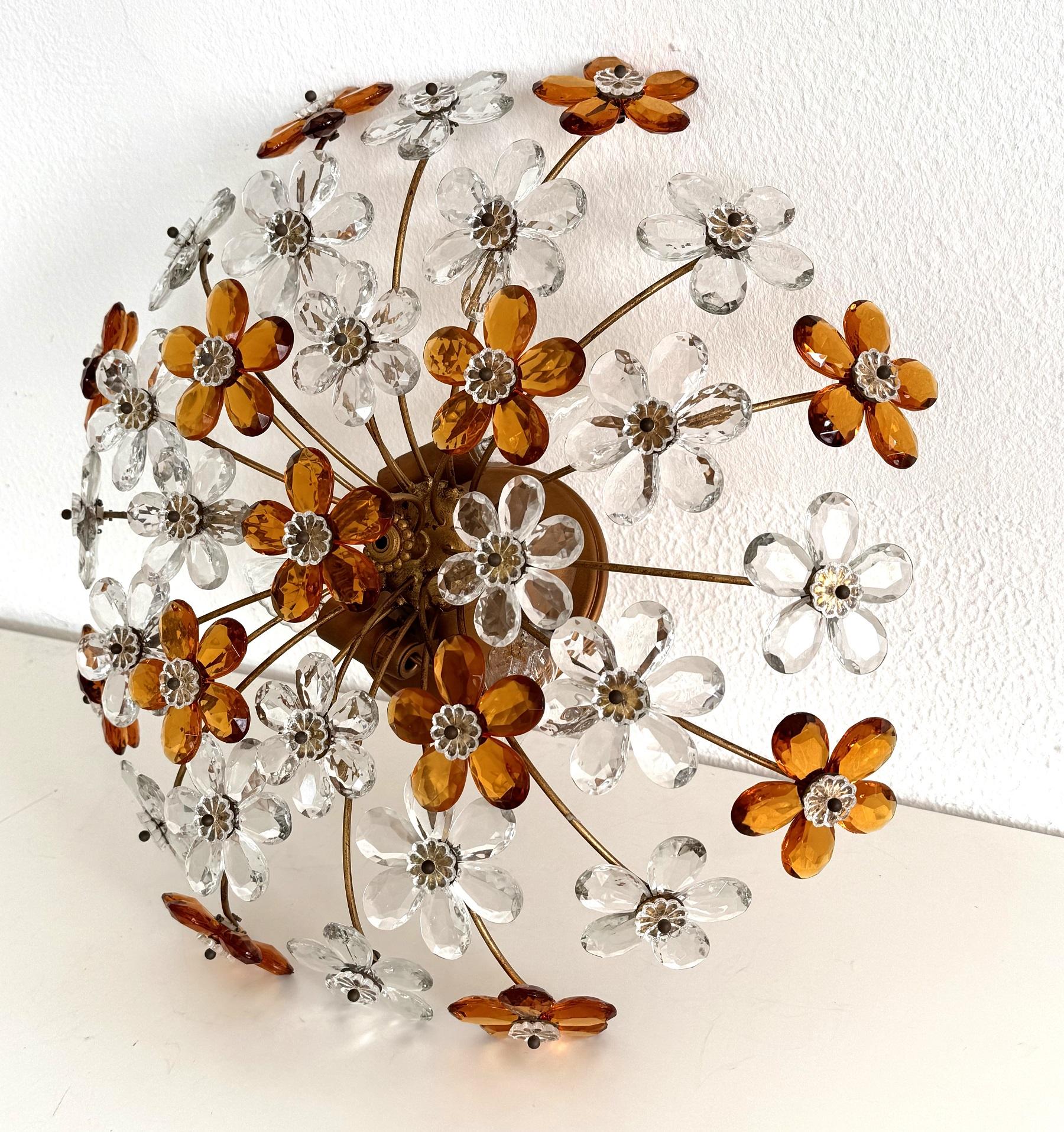 Large Italian Midcentury Florentine Crystal-Flower Flush Mount Chandelier, 1950s For Sale 3