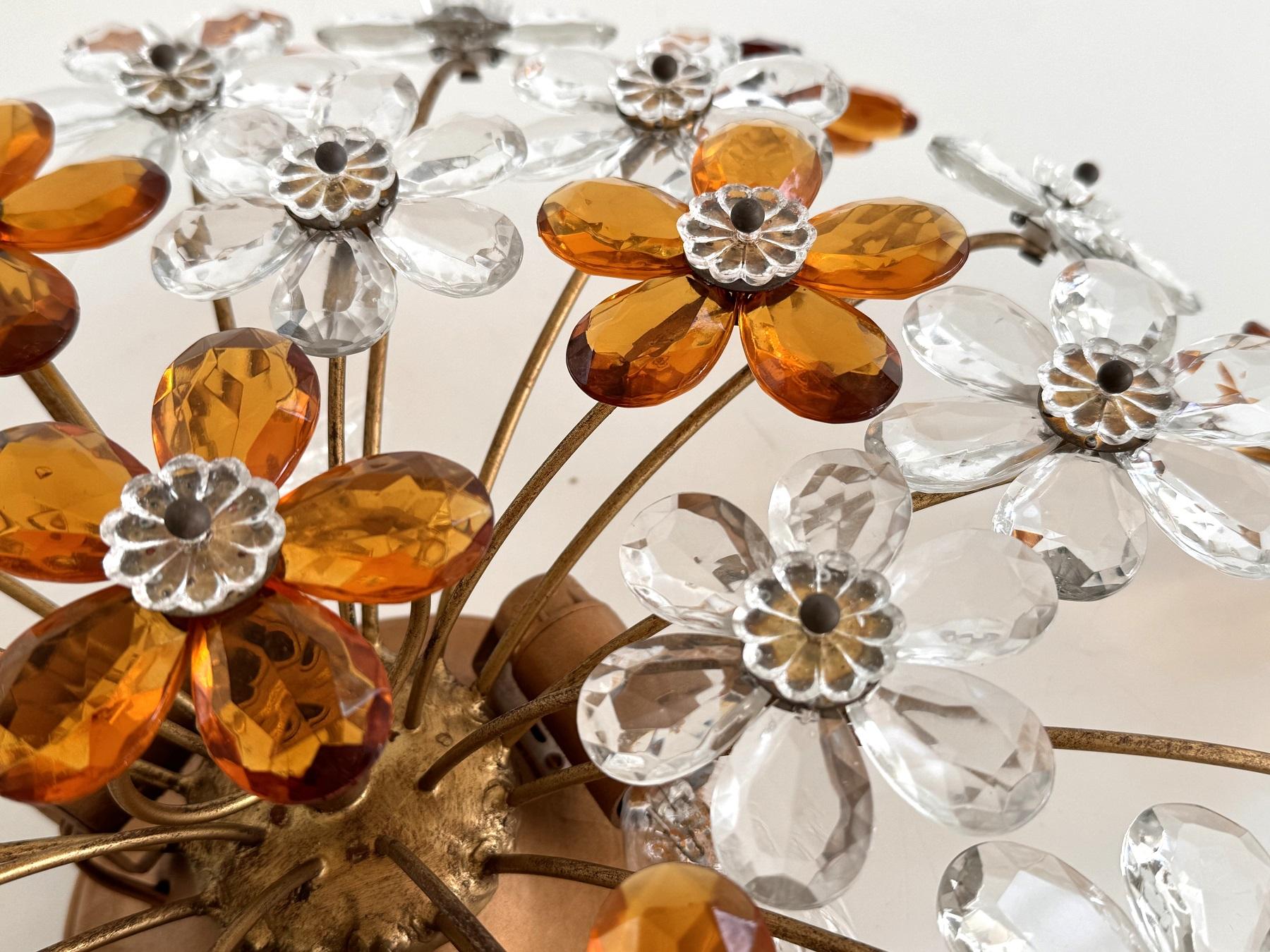 Large Italian Midcentury Florentine Crystal-Flower Flush Mount Chandelier, 1950s For Sale 4
