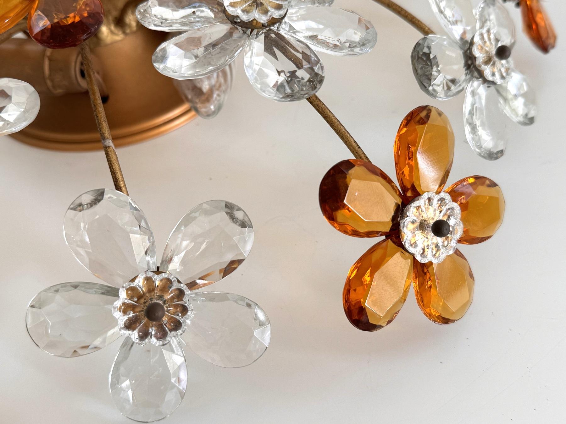 Large Italian Midcentury Florentine Crystal-Flower Flush Mount Chandelier, 1950s For Sale 5