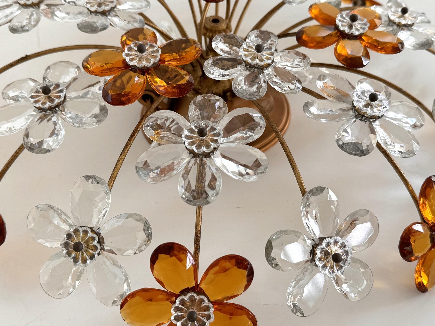 Large Italian Midcentury Florentine Crystal-Flower Flush Mount Chandelier, 1950s For Sale 6