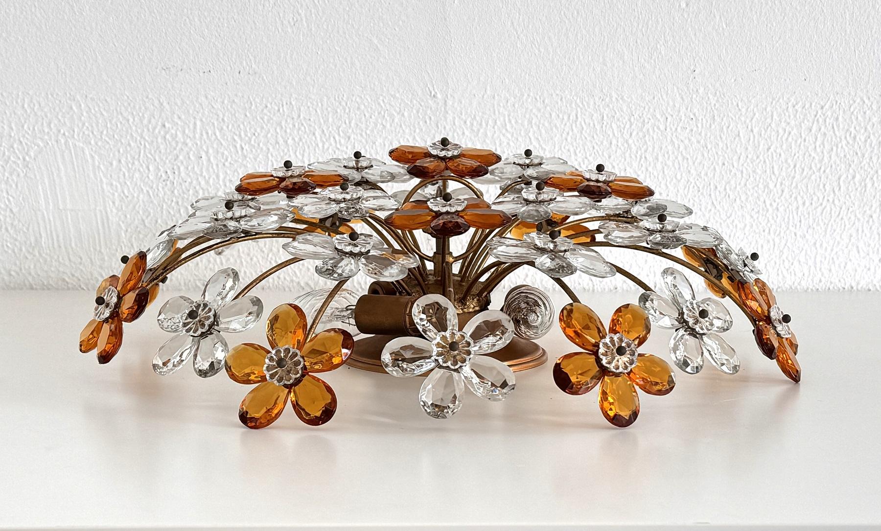 Hand-Crafted Large Italian Midcentury Florentine Crystal-Flower Flush Mount Chandelier, 1950s For Sale