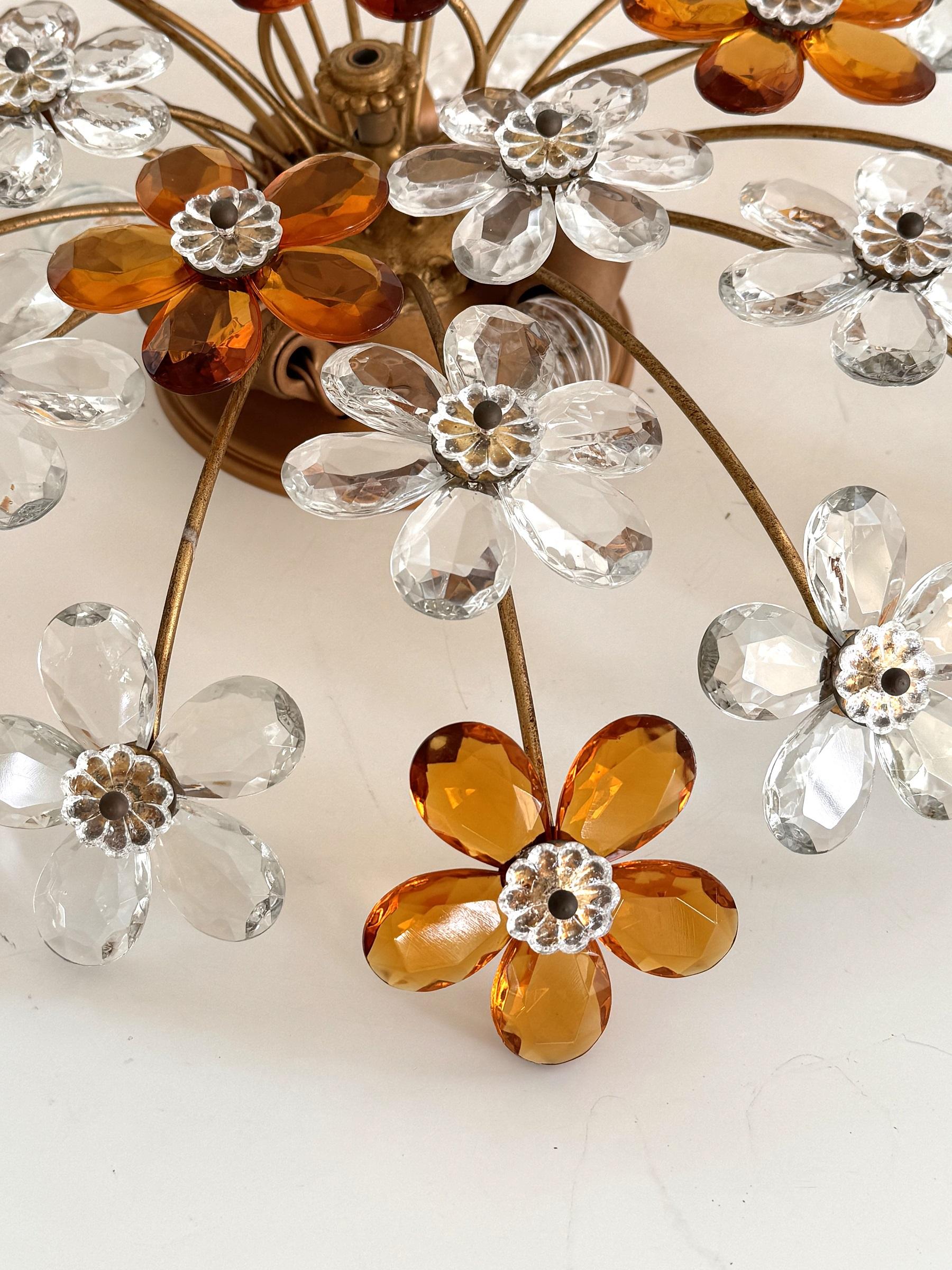 Mid-20th Century Large Italian Midcentury Florentine Crystal-Flower Flush Mount Chandelier, 1950s For Sale