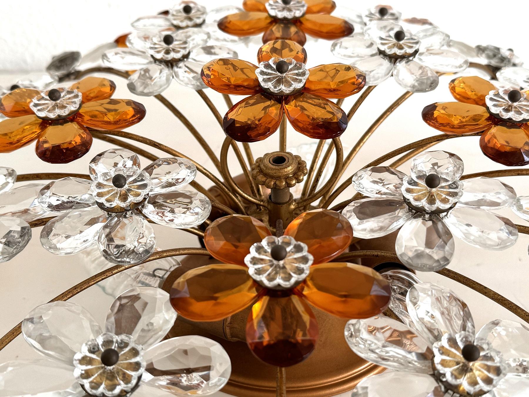 Metal Large Italian Midcentury Florentine Crystal-Flower Flush Mount Chandelier, 1950s For Sale