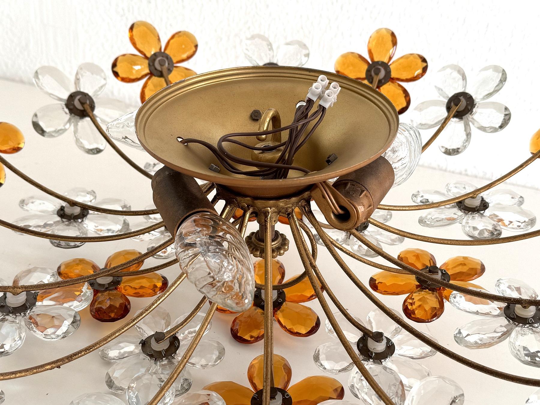 Large Italian Midcentury Florentine Crystal-Flower Flush Mount Chandelier, 1950s For Sale 1