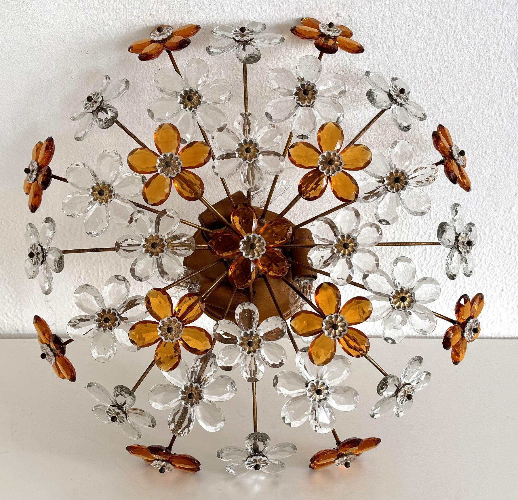 Large Italian Midcentury Florentine Crystal-Flower Flush Mount Chandelier, 1950s For Sale 2