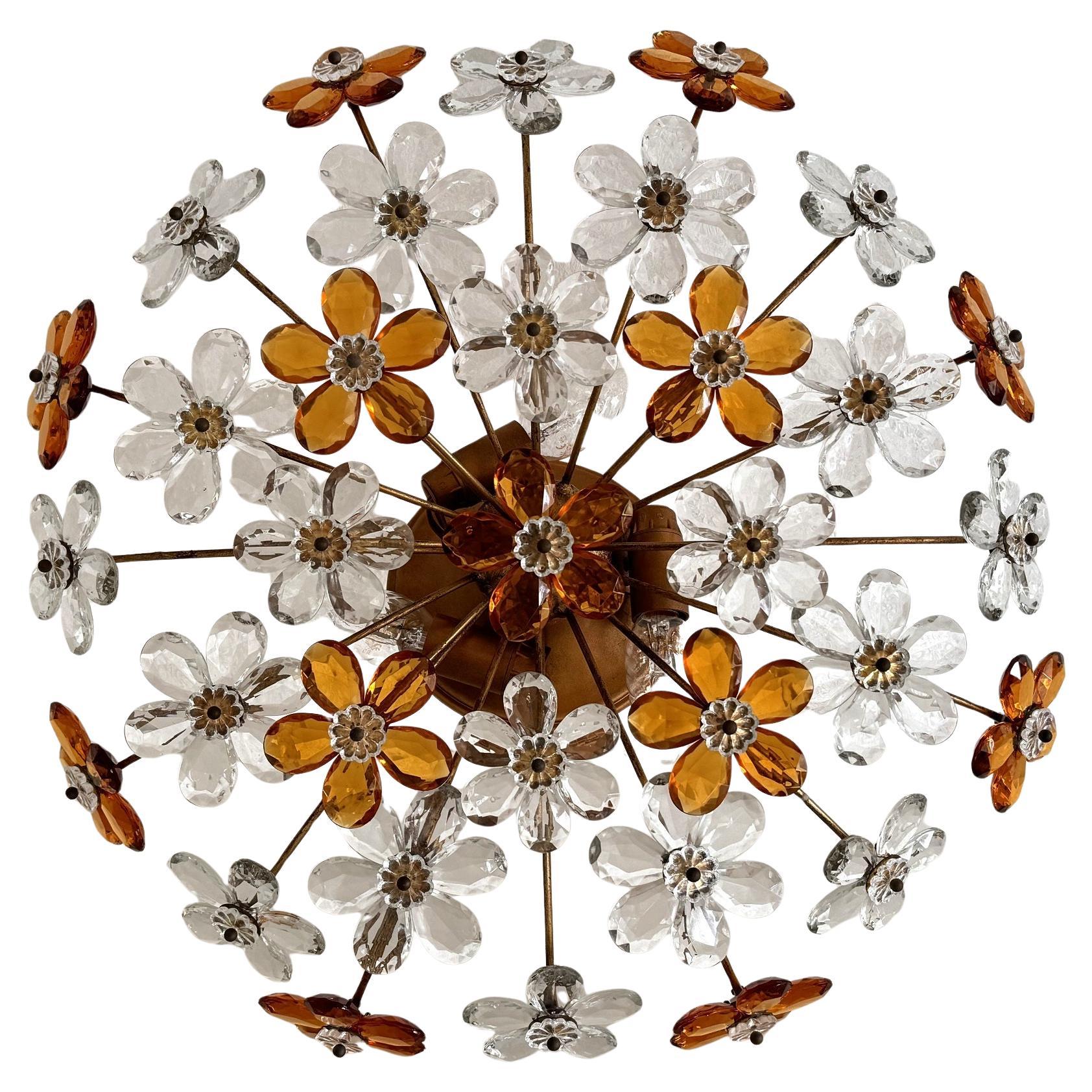 Large Italian Midcentury Florentine Crystal-Flower Flush Mount Chandelier, 1950s