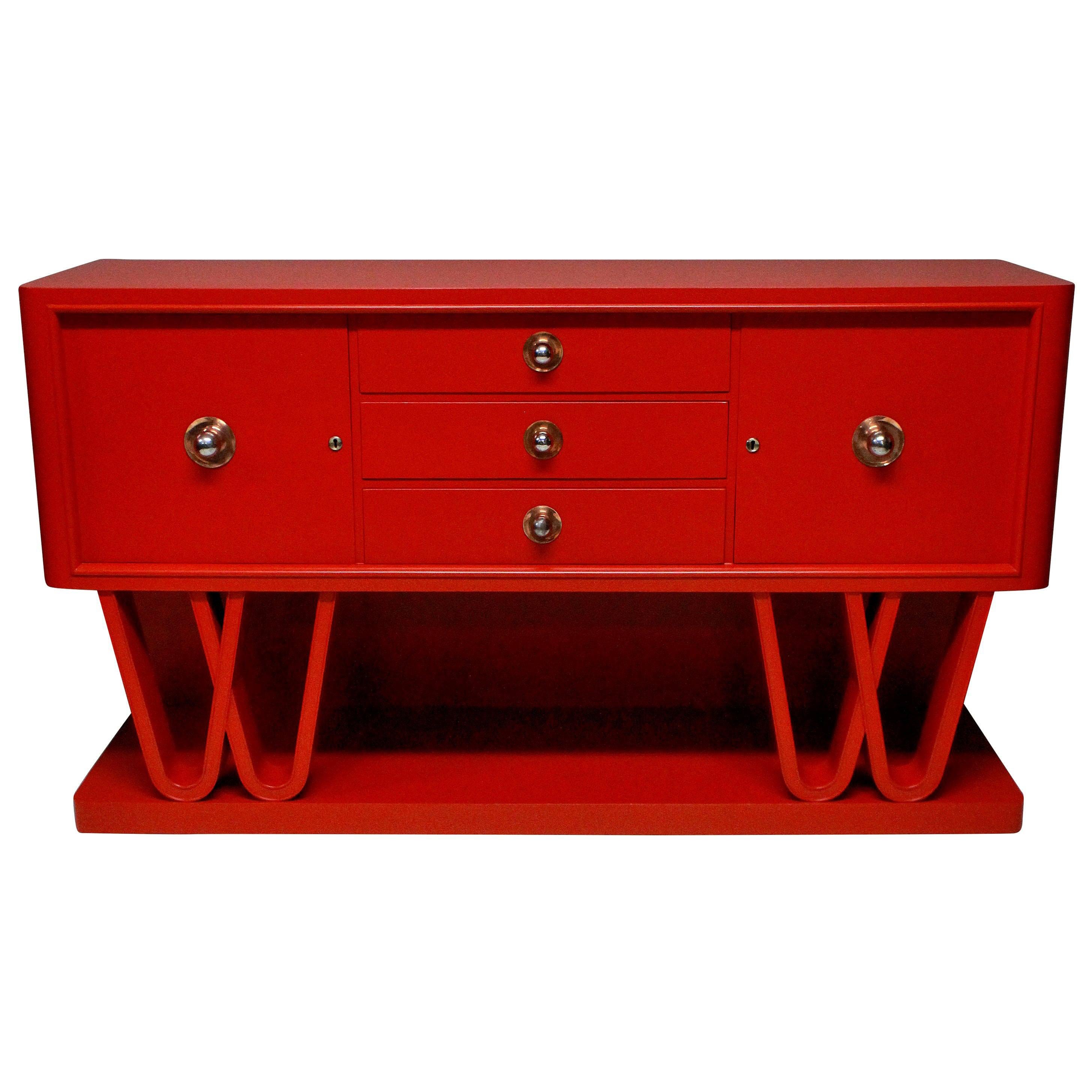 Large Italian Midcentury Red Lacquered Credenza For Sale at 1stDibs