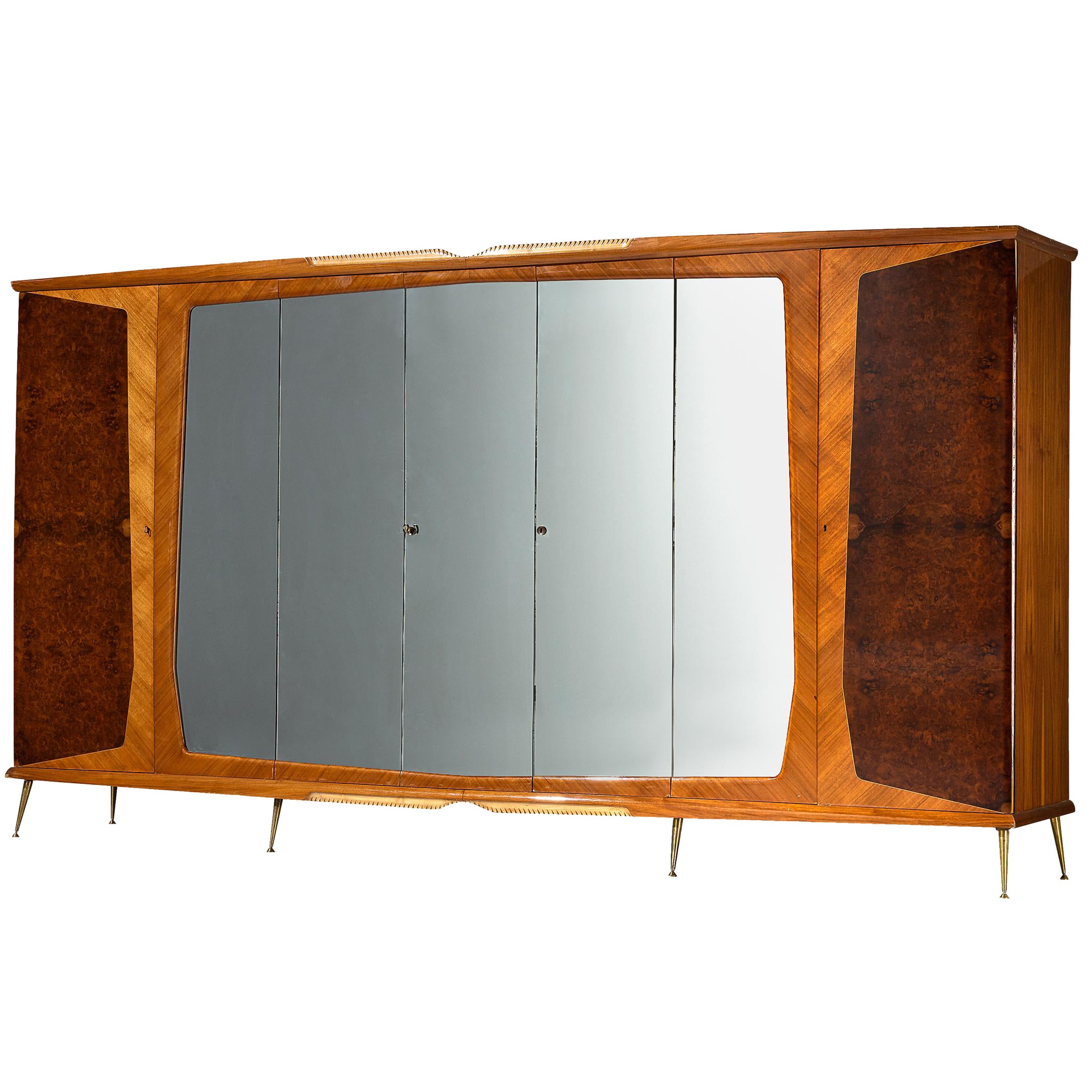 Large Italian Mirrored Wardrobe in Walnut with Mirror Panels