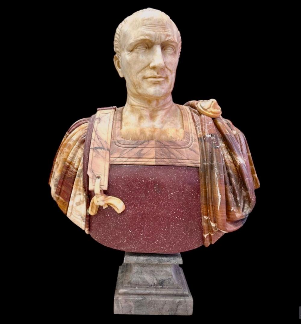 20th Century Large Italian Mixed Marble Bust Of Emperor Julius Caesar For Sale