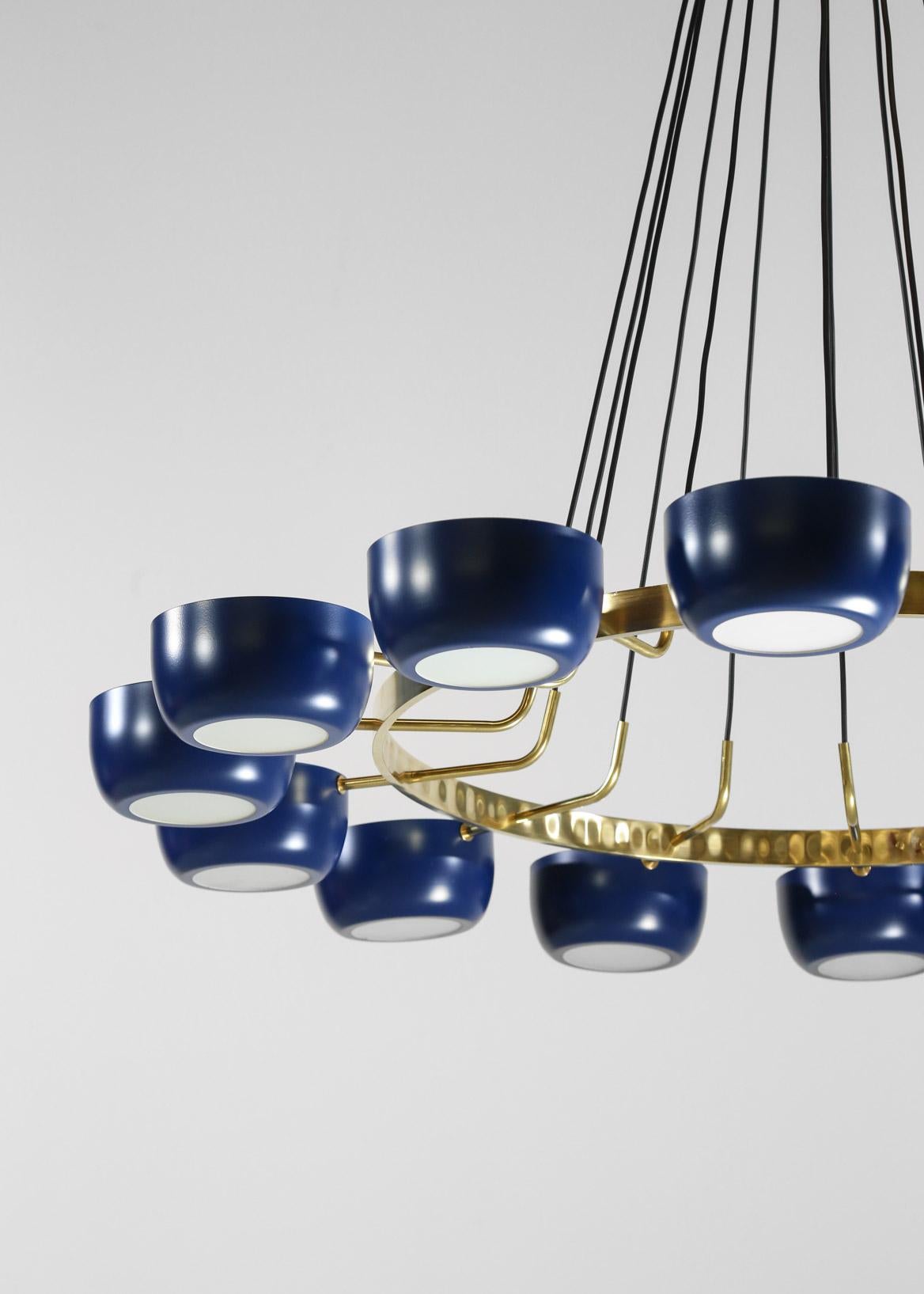 Large Italian Modern Blue Chandelier with 14 Lights in Stilnovo Style 
