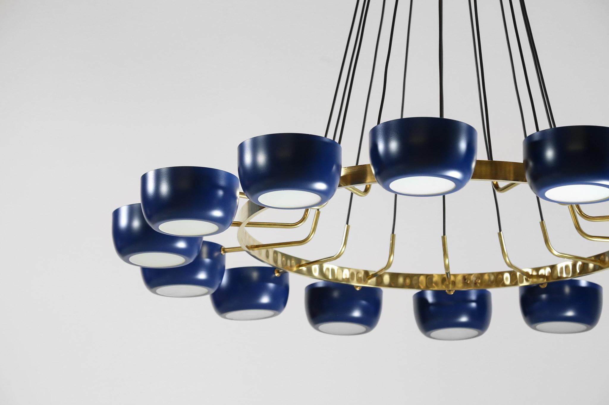 Beautiful modern chandelier Stilnovo style, structure in brass with opaline light. Composed of brass with metal lampshades and opaline glasses 14 lights, color of shades on request.