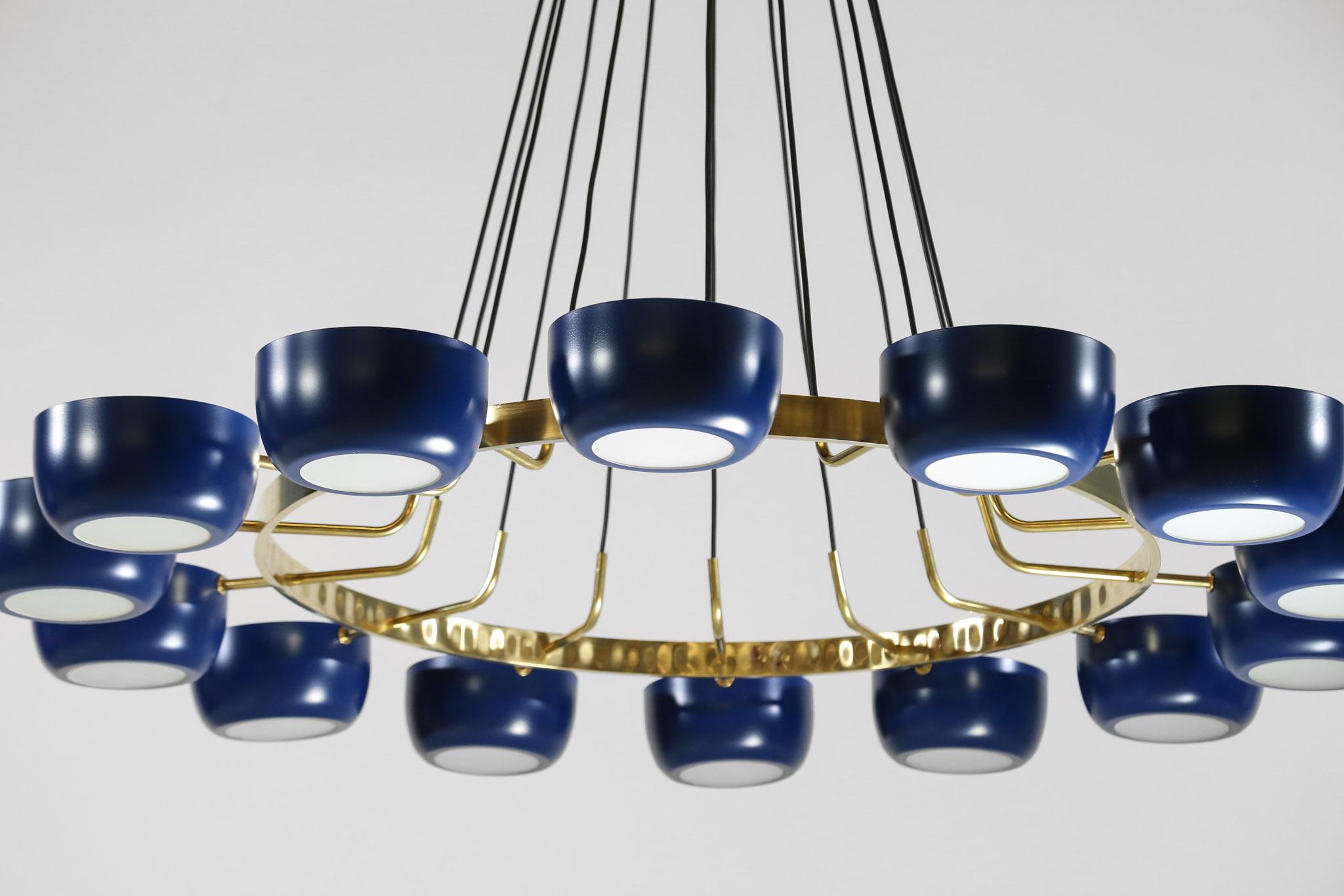 Mid-Century Modern Large Italian Modern Blue Chandelier with 14 Lights in Stilnovo Style 