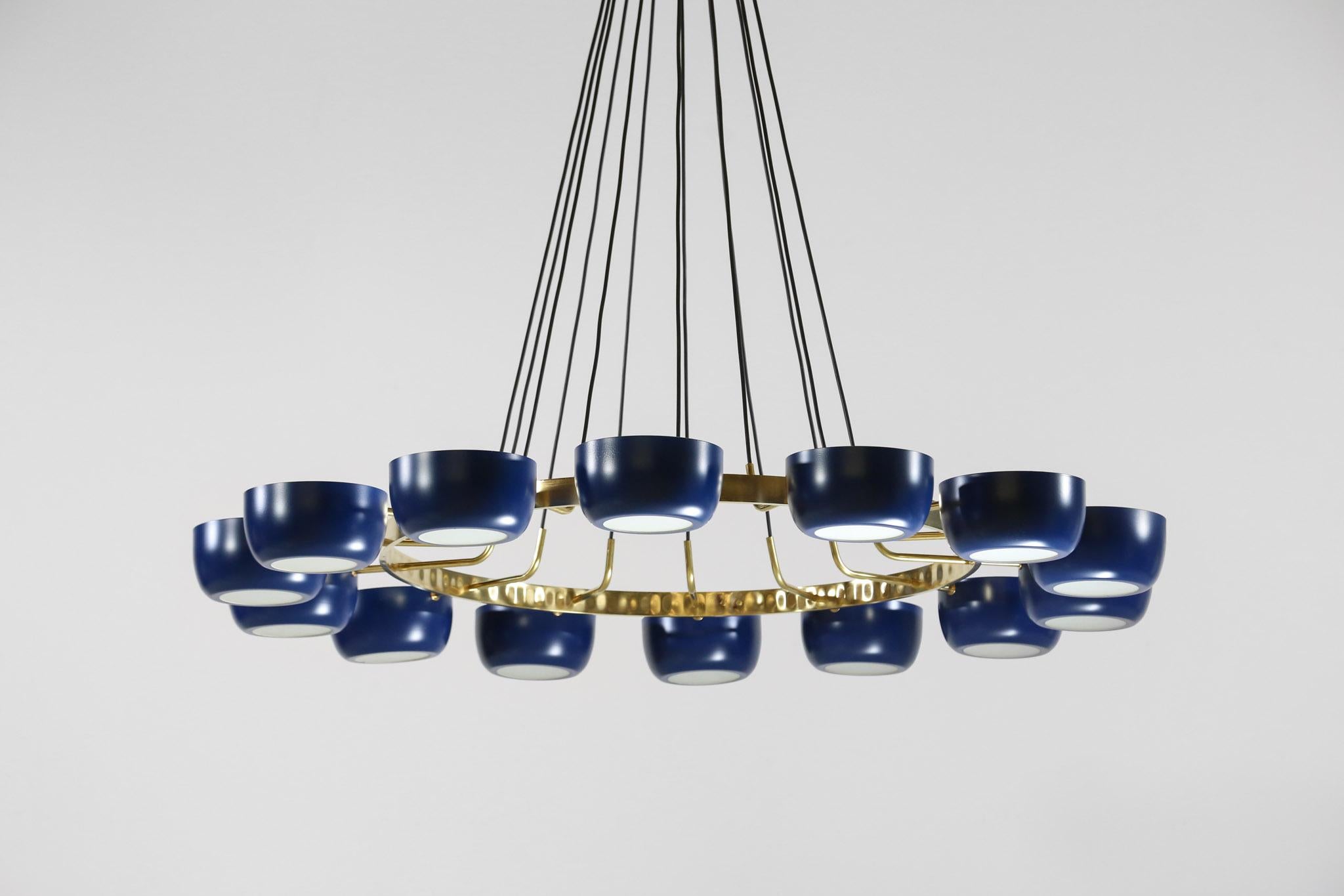 Brass Large Italian Modern Blue Chandelier with 14 Lights in Stilnovo Style 