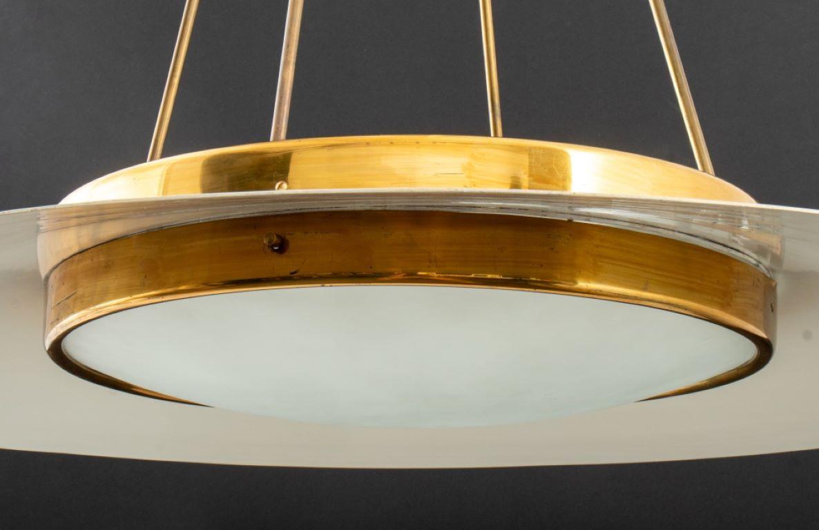 Large Italian Mid-Century Modern Brass and Aluminum Ceiling Light Pendant with frosted glass shade, circa 1950. 

Dealer: S138XX