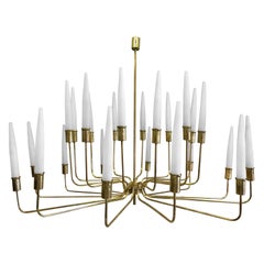 Large Italian Modern Neoclassical Brass & Satin Glass Chandelier, Fontana Arte