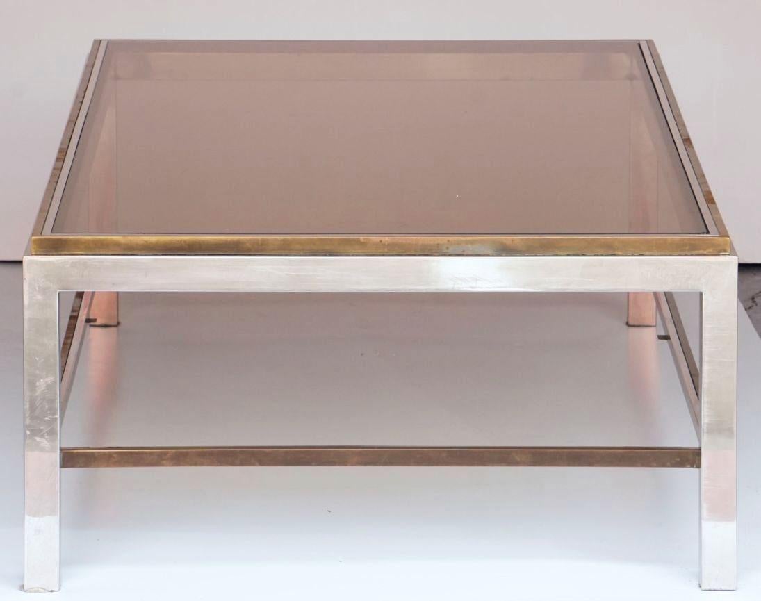 Metal Large Italian Modernist Low Cocktail or Coffee Table of Chrome and Brass  For Sale