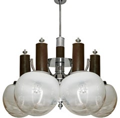 Large Italian Modernist Murano Art Glass Chrome Leather Sputnik Orbit Chandelier