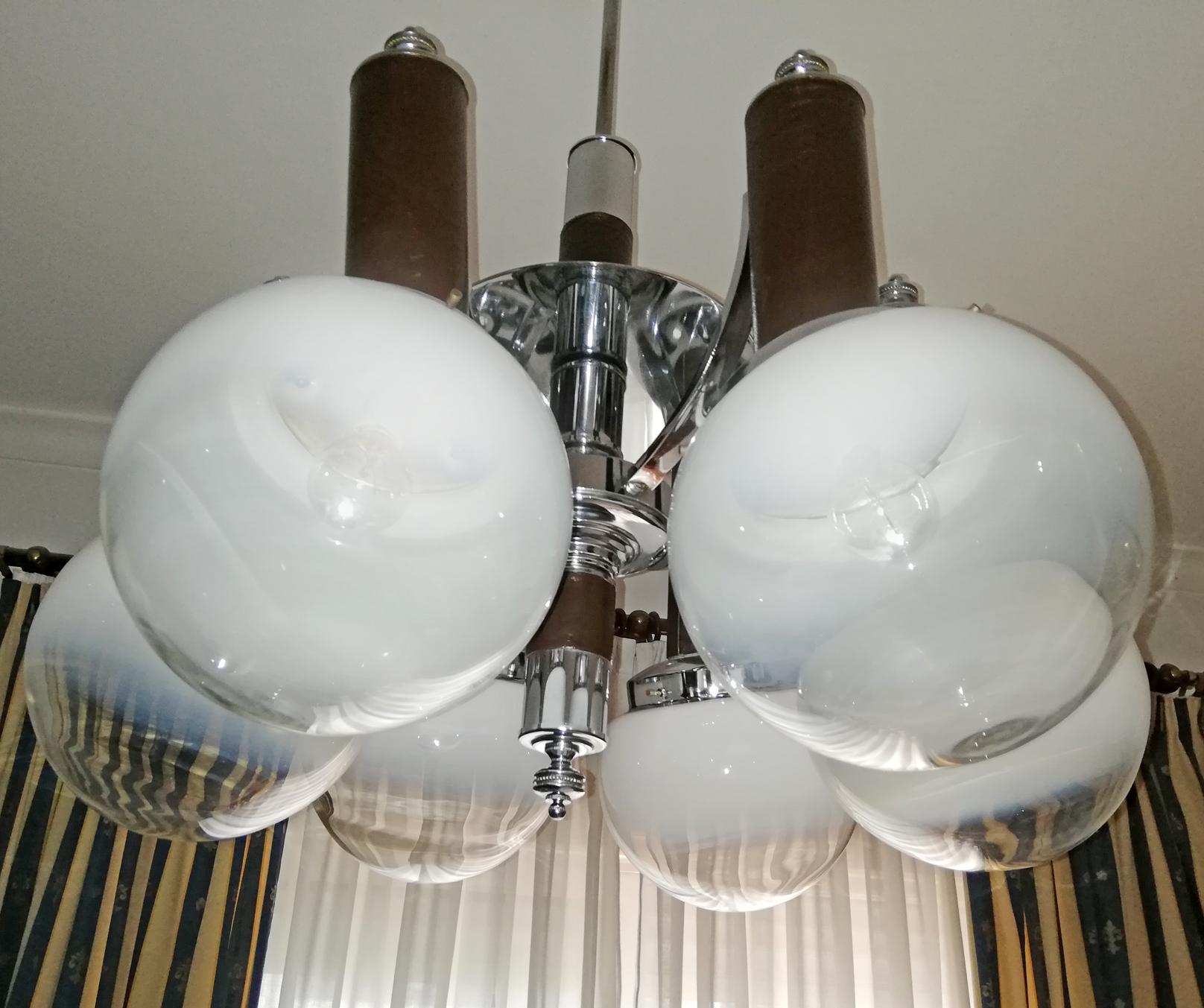 20th Century Large Italian Modernist Murano Art Glass Chrome Leather Sputnik Orbit Chandelier For Sale