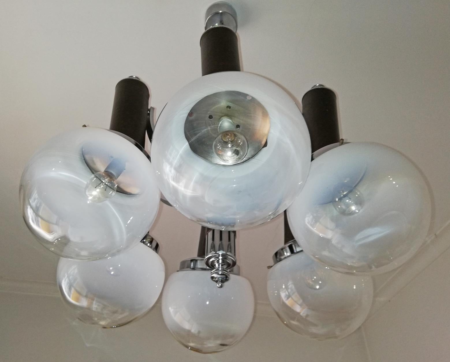 Large Italian Modernist Murano Art Glass Chrome Leather Sputnik Orbit Chandelier For Sale 1