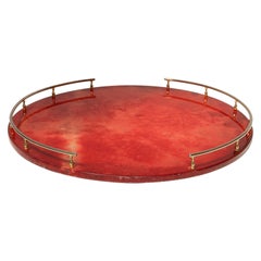 Large Italian Modernist Round Tray in Brass and Dyed Red Goatskin by Aldo Tura