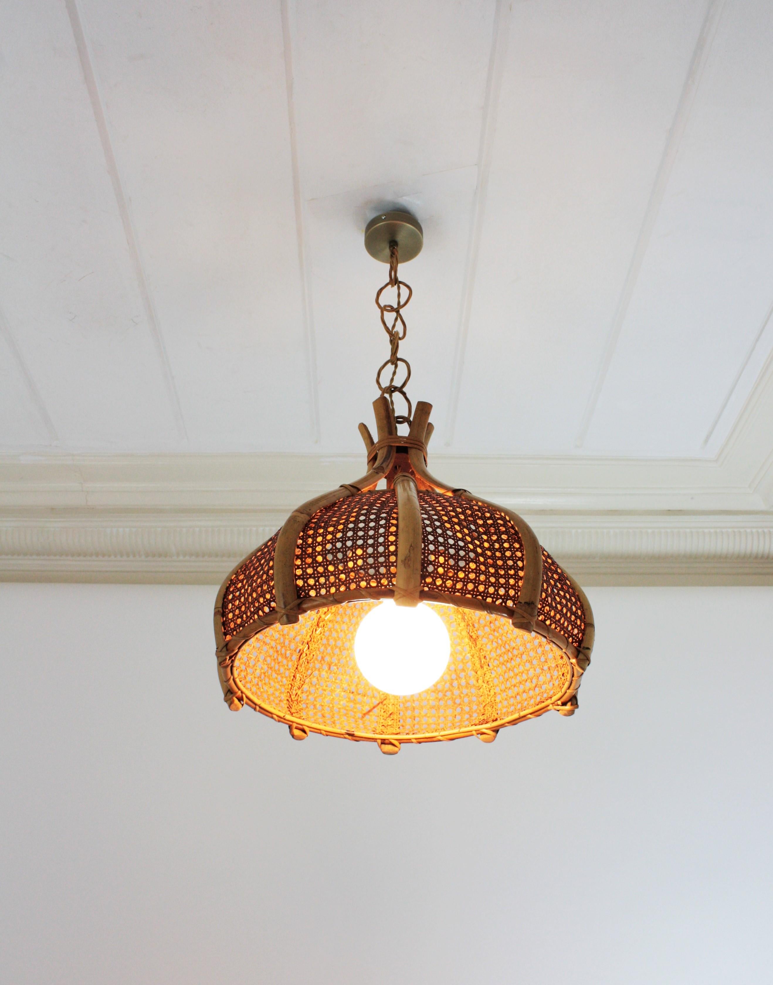 Large Italian Modernist Wicker Bamboo Bell Pendant Chandelier, 1960s For Sale 7