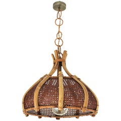 Large Italian Modernist Wicker Bamboo Bell Pendant Chandelier, 1960s