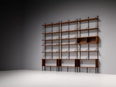 Large Italian Modular Wall Unit in Walnut, Brass, Steel 1960s Width 311cm/122in