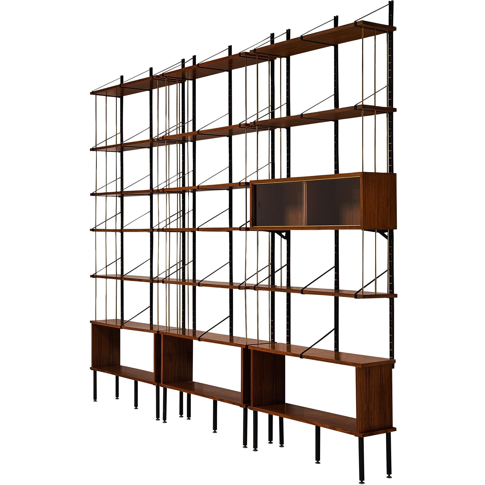 Large Italian Modular Wall Unit in Walnut, Brass, Steel 1960s Width 311cm/122in For Sale