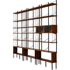 Large Italian Modular Wall Unit in Walnut, Brass, Steel 1960s Width 311cm/122in