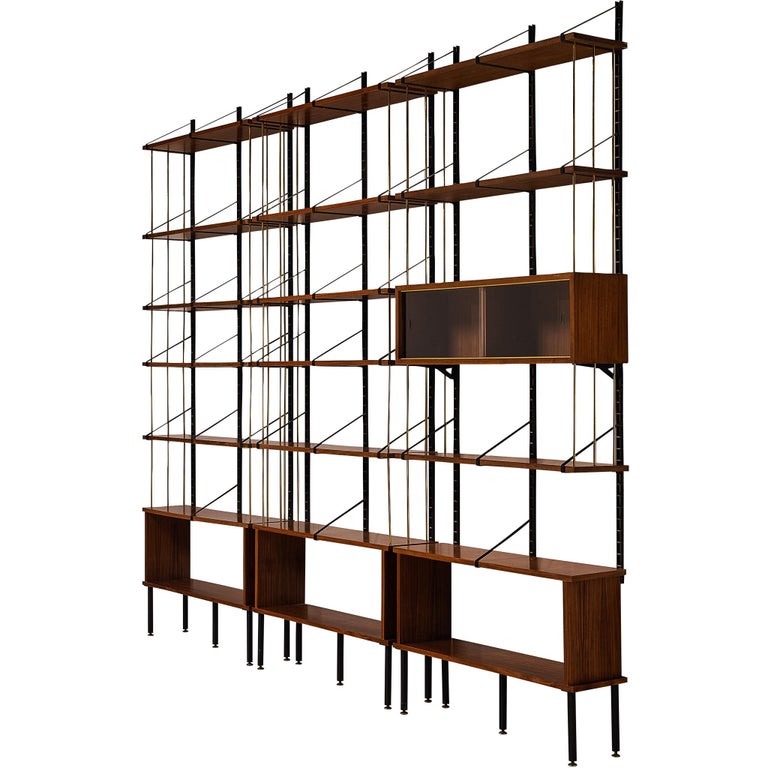 Large Italian Modular Wall Unit in Walnut, Brass, Steel 1960s Width 311cm/122in