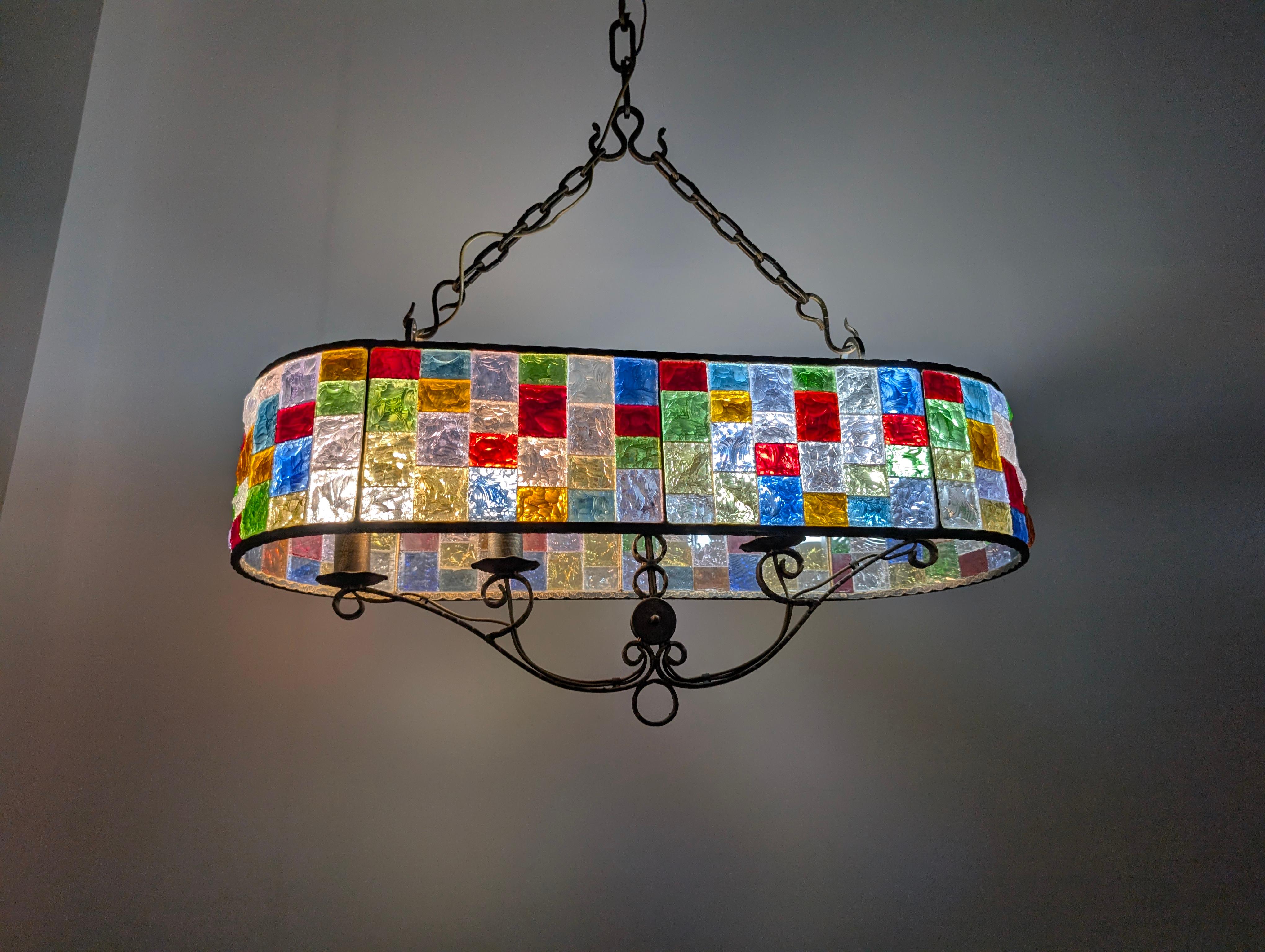Large Italian Multi-Colored Hammered Crystal and Wrought Iron Chandelier For Sale 4