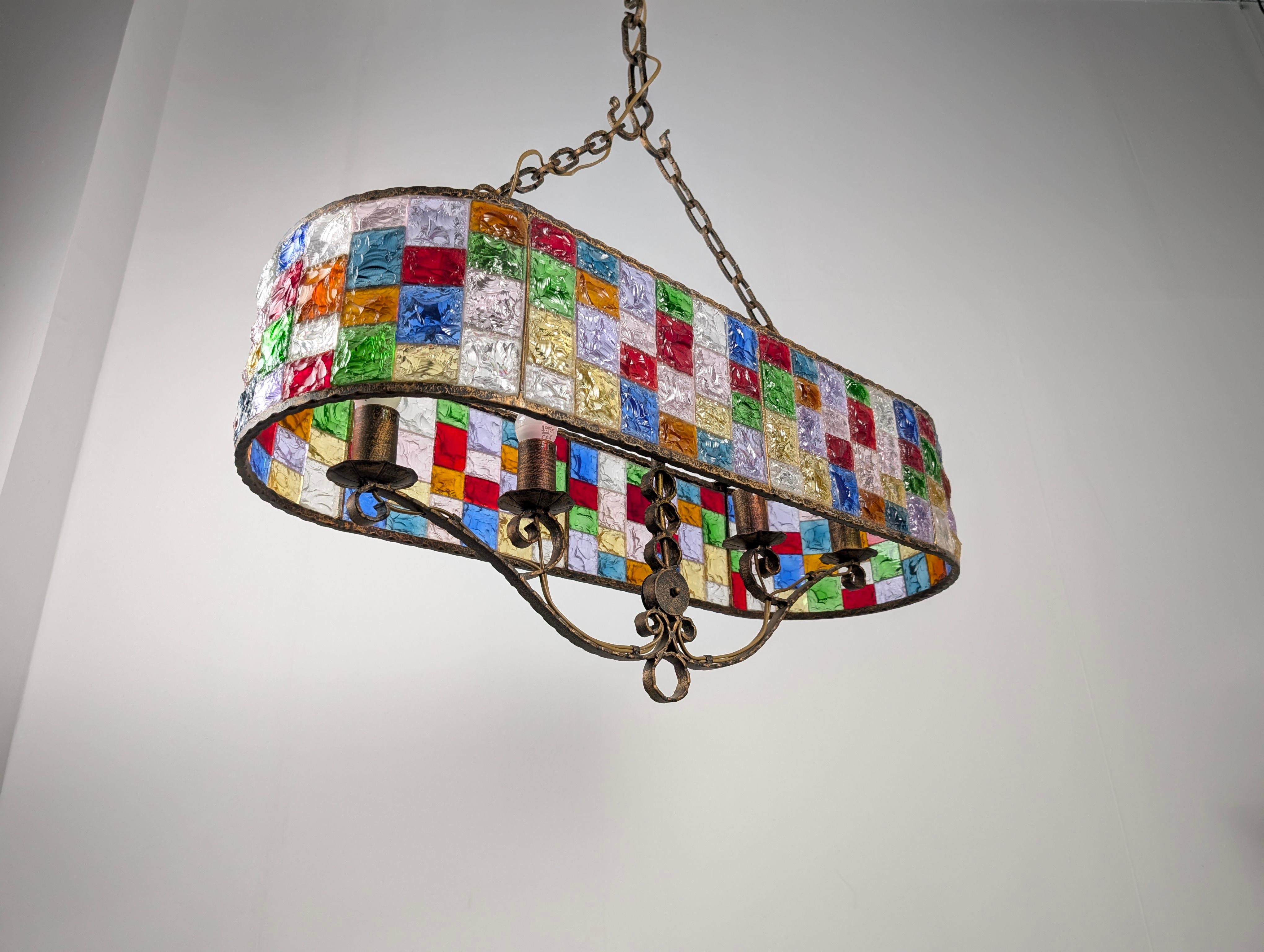 Large Italian Multi-Colored Hammered Crystal and Wrought Iron Chandelier For Sale 7