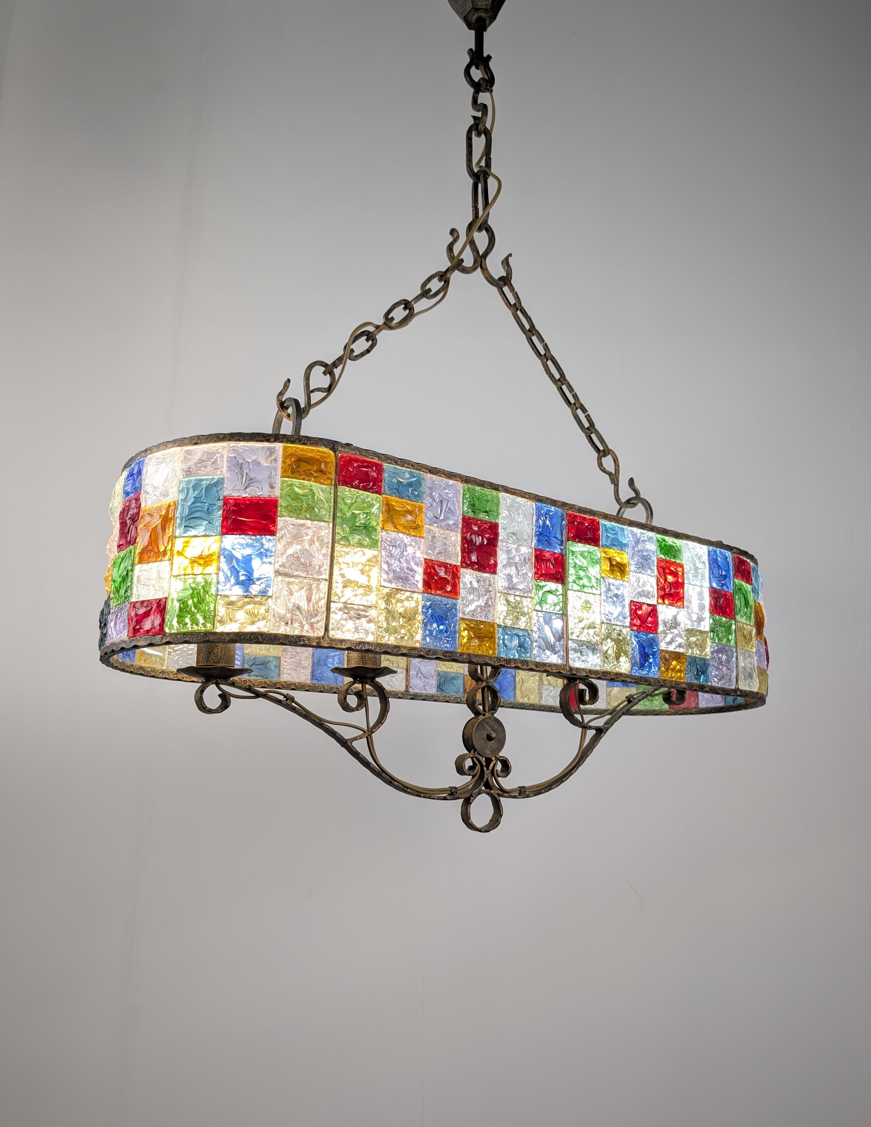 Large Italian Multi-Colored Hammered Crystal and Wrought Iron Chandelier For Sale 8